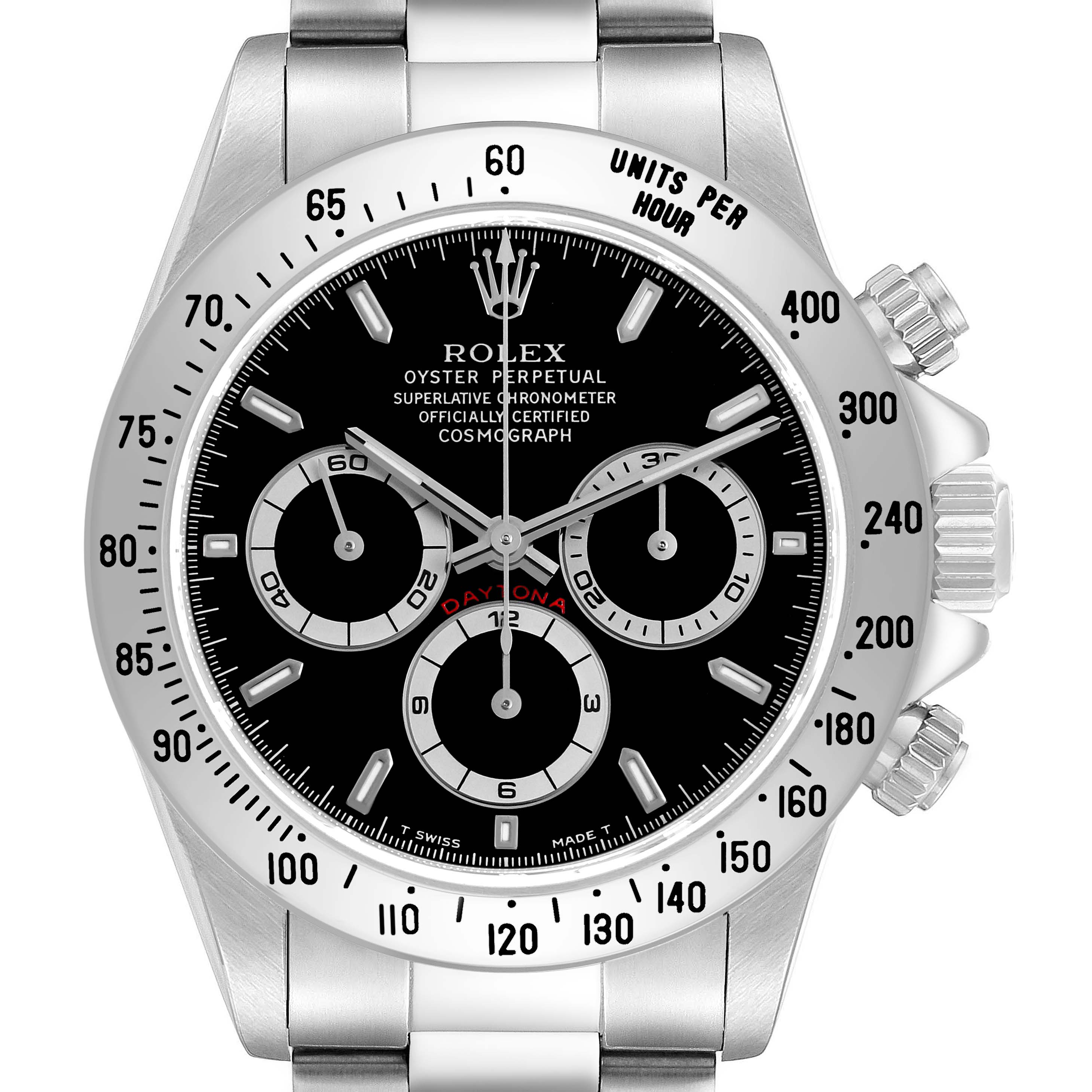 The Rolex Daytona 16520 Men's Stainless Steel Black Dial model watch is shown from a frontal angle, highlighting the dial, bezel, and pushers.