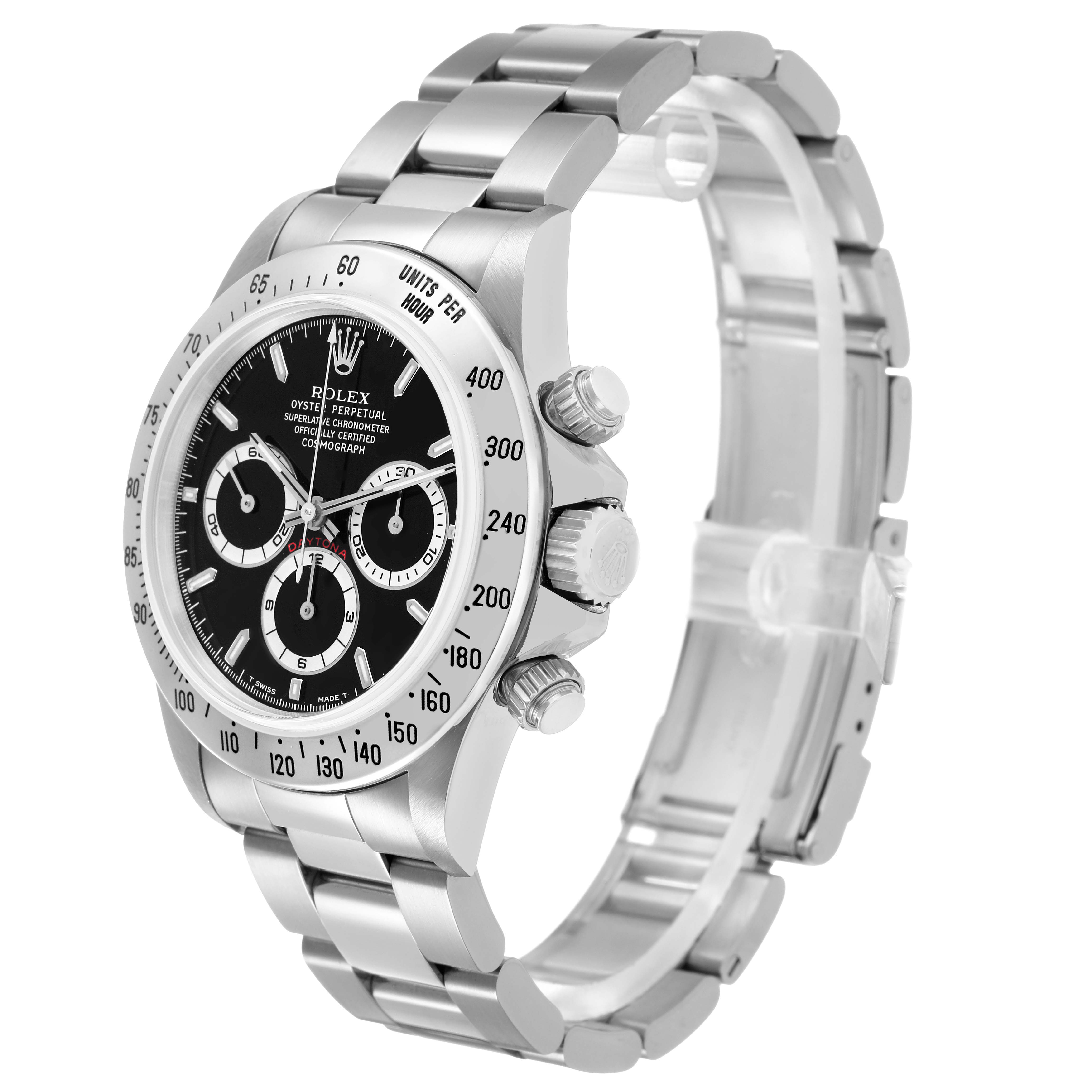 The Rolex Daytona 16520 Men's Stainless Steel Black Dial watch is shown at a slight angle displaying the face, bezel, pushers, and bracelet.