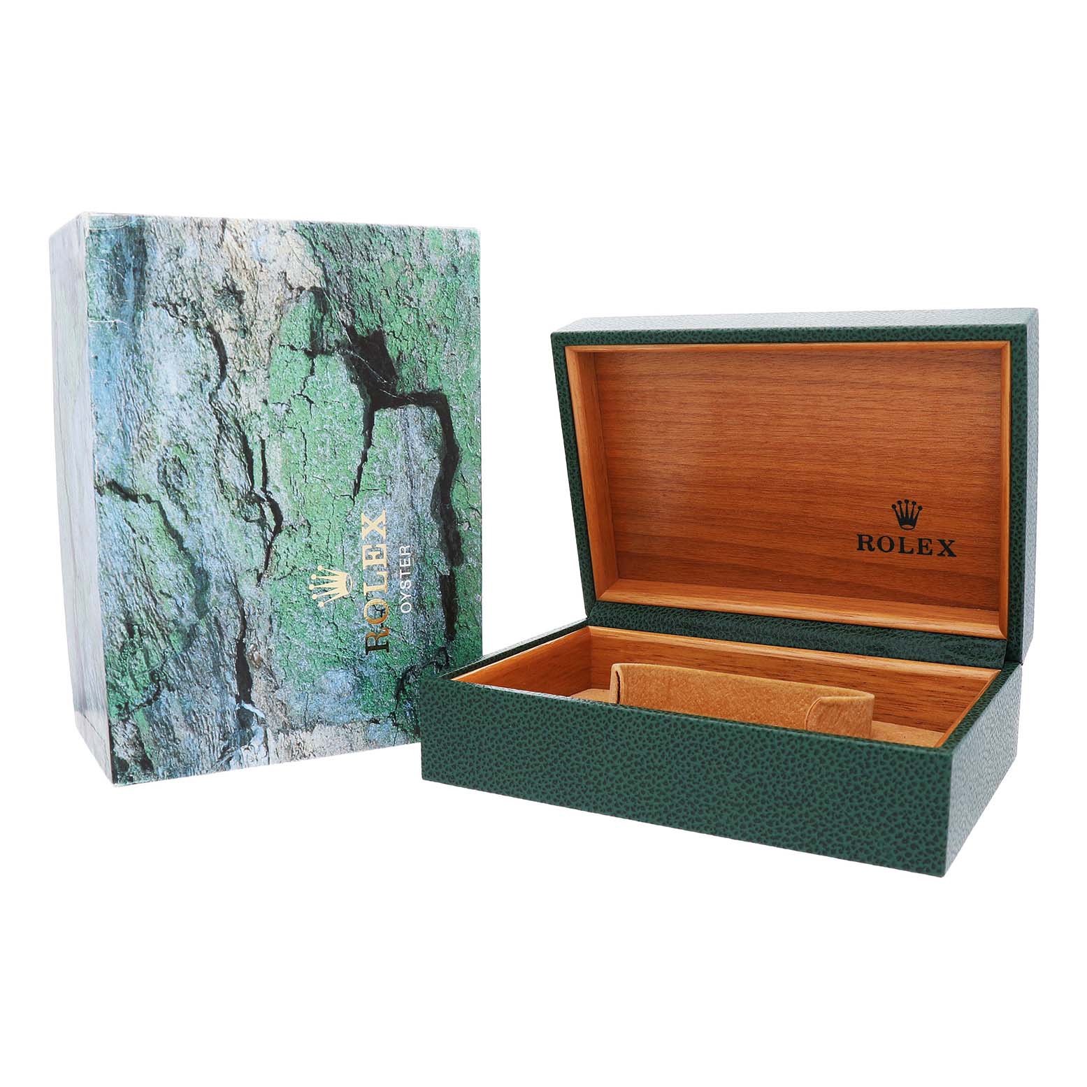 The image shows the open and closed packaging box for a Rolex Daytona 16520 Men's Stainless Steel Black Dial watch, displaying the external and internal design.