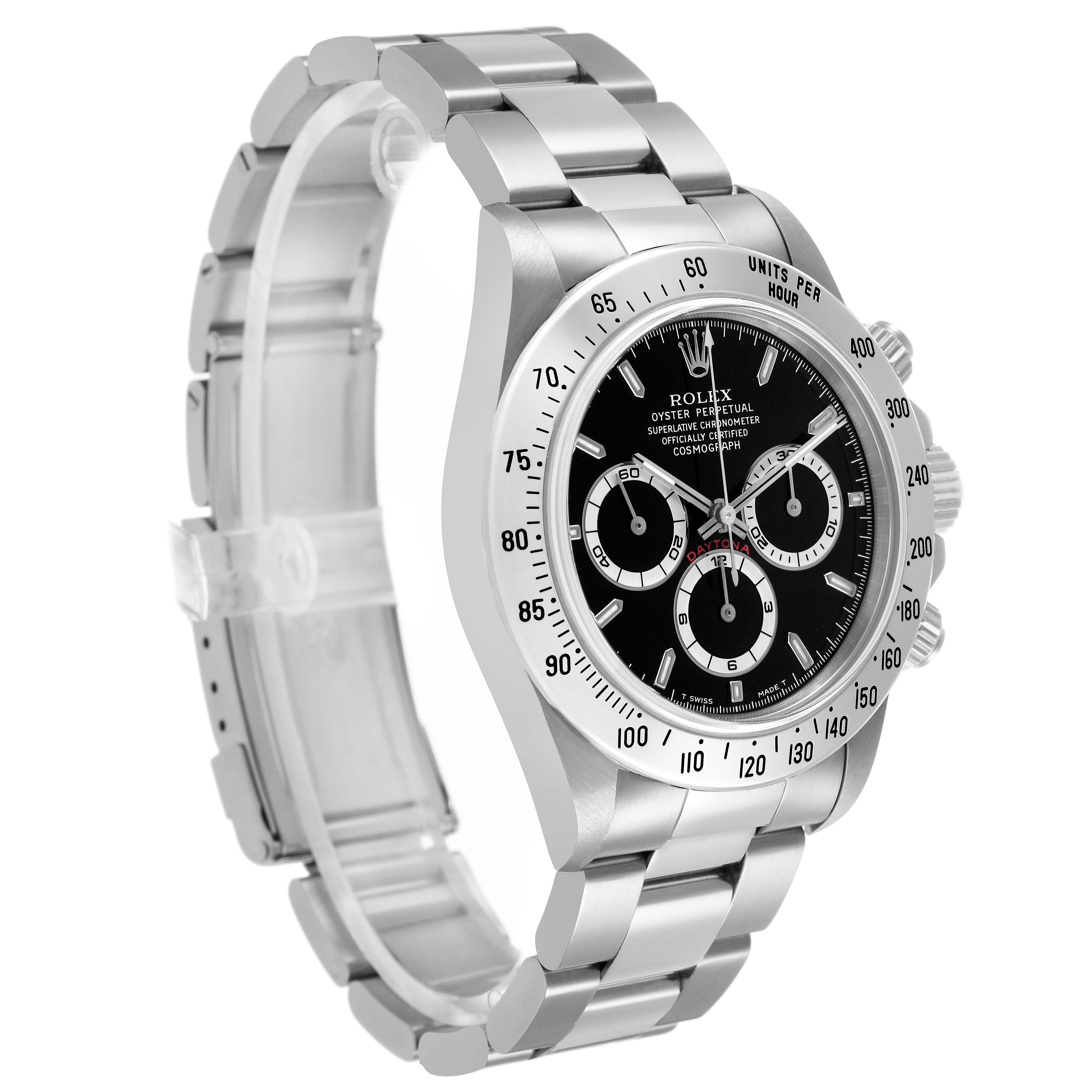 The Rolex Daytona 16520 Men's Stainless Steel Black Dial is shown from a front-left angle, displaying the dial, bezel, and bracelet clearly.
