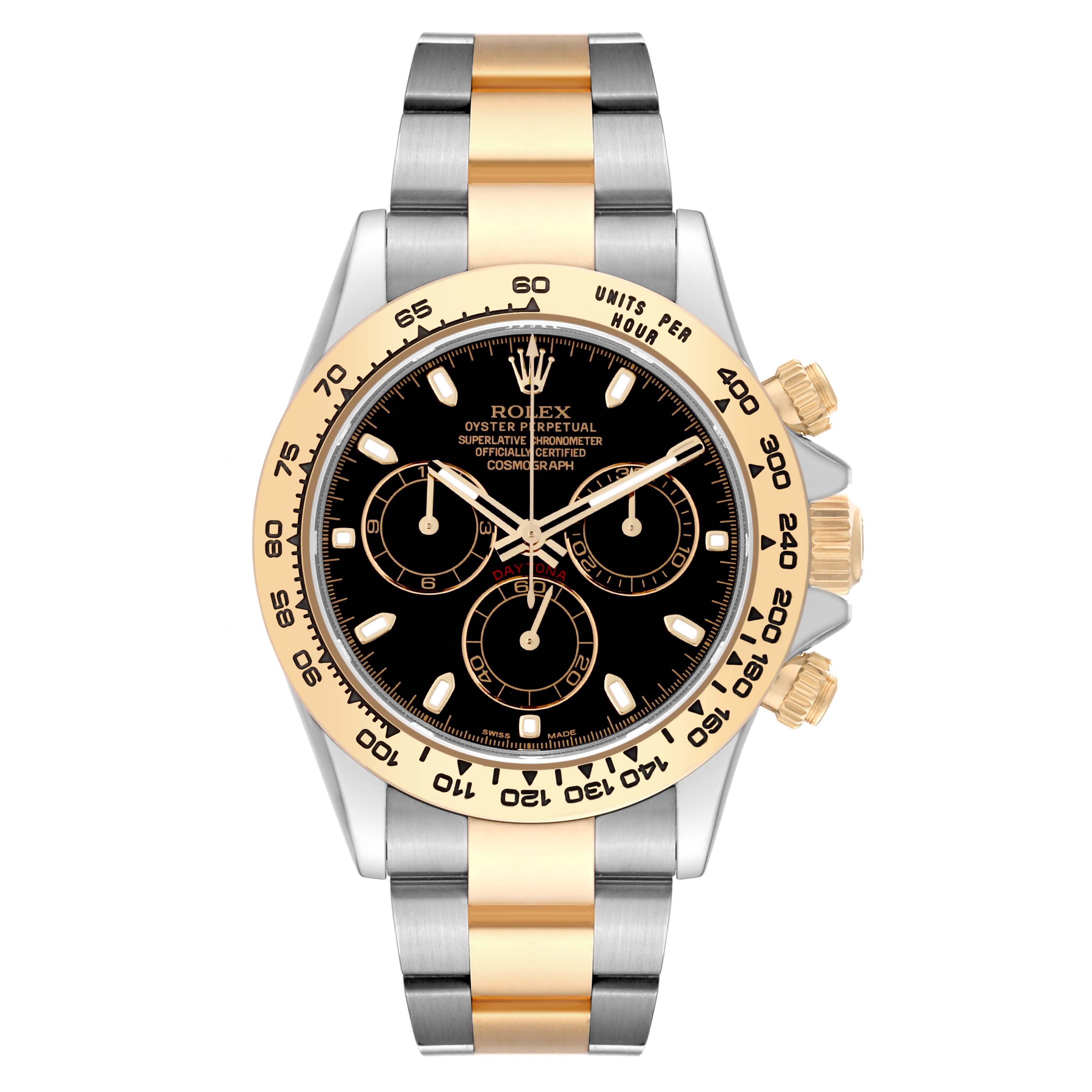 The Rolex Daytona 116503 Men
s Steel and Gold (two tone) Black Dial 116503 Men
s Steel and Gold (two tone) Black Dial watch is shown from the front, displaying its black dial, gold bezel, pushers, and two-tone bracelet.