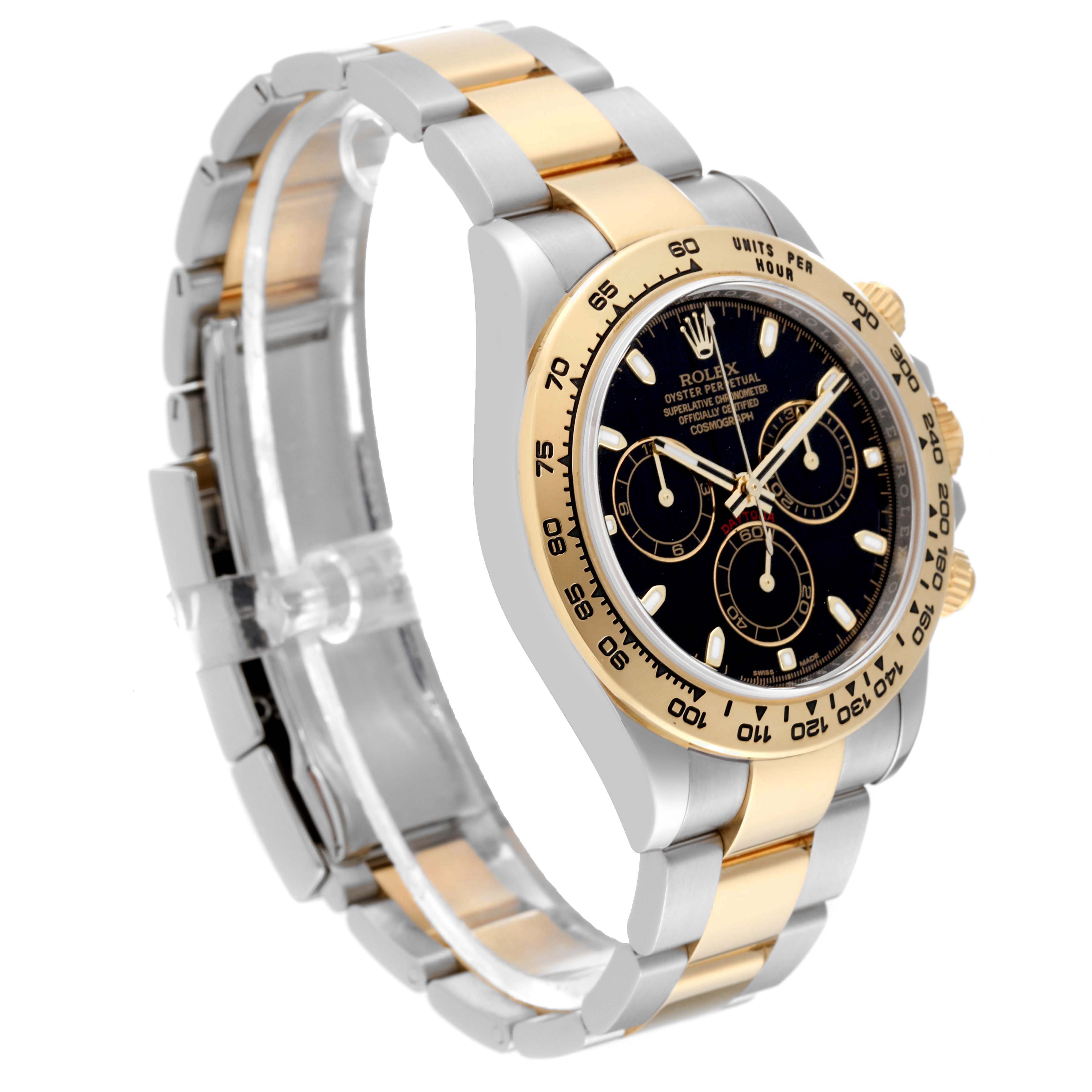 This image shows a Rolex Daytona 116503 Men
s Steel and Gold (two tone) Black Dial 116503 Men
s Steel and Gold (two tone) Black Dial watch at a three-quarter angle, highlighting its black dial, gold accents, and two-tone bracelet.