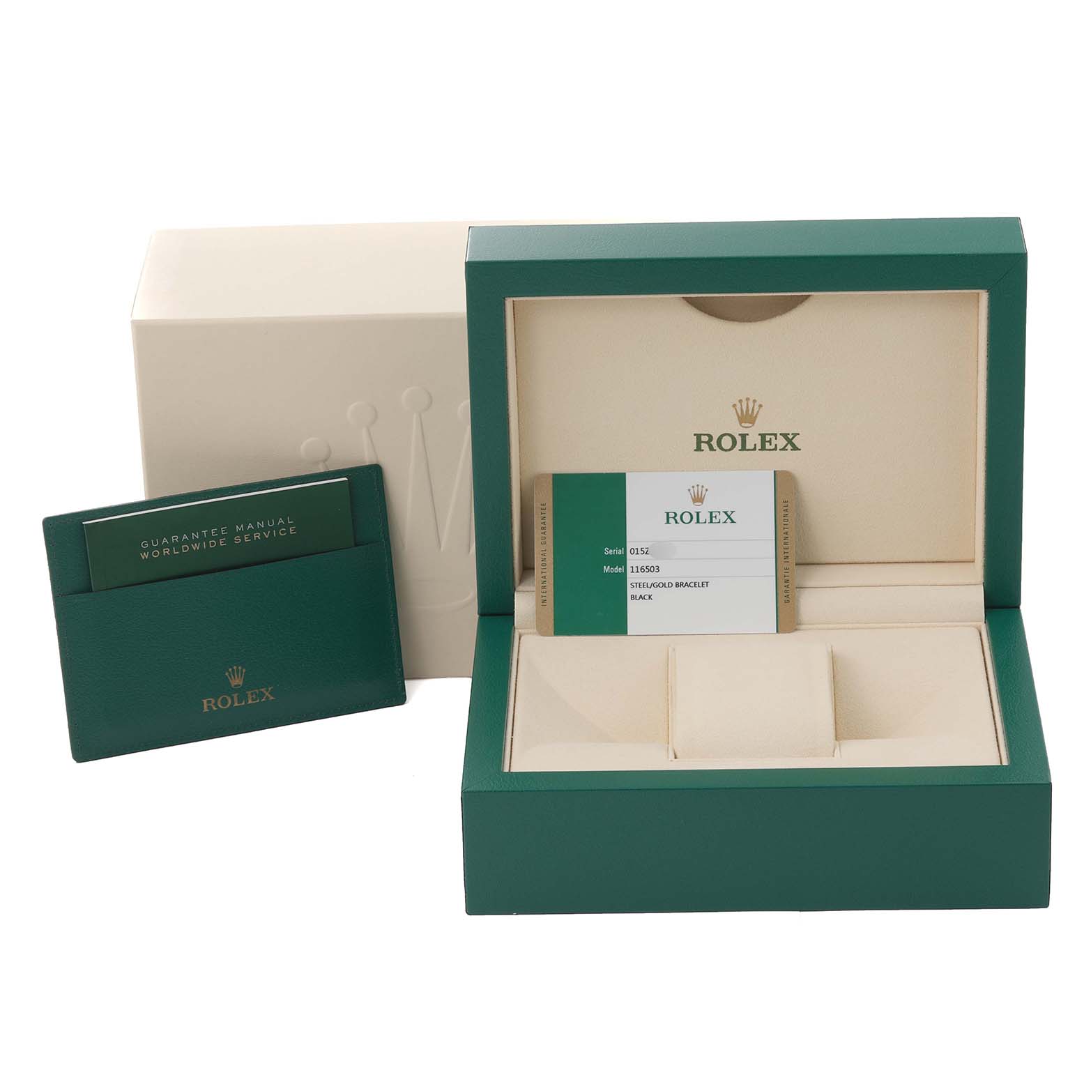 The image shows the open packaging, guarantee manual, and Best Quality
ity card for a Rolex Daytona 116503 Men
s Steel and Gold (two tone) Black Dial 116503 Men
s Steel and Gold (two tone) Black Dial watch.