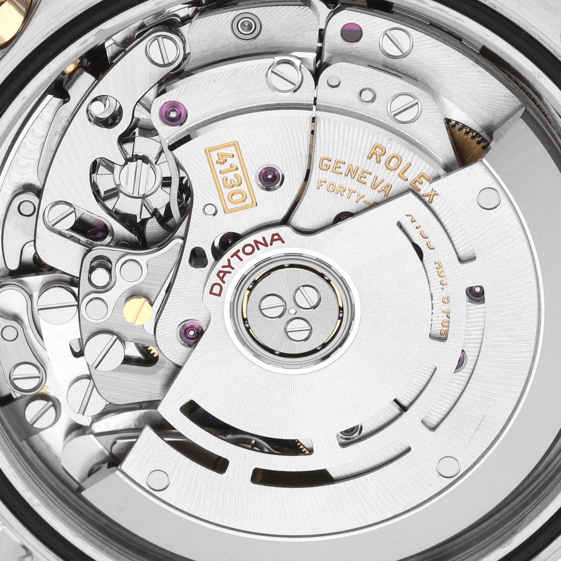 This image shows the intricate movement mechanism and inner workings of a Rolex Daytona 116503 Men
s Steel and Gold (two tone) Black Dial 116503 Men
s Steel and Gold (two tone) Black Dial watch.