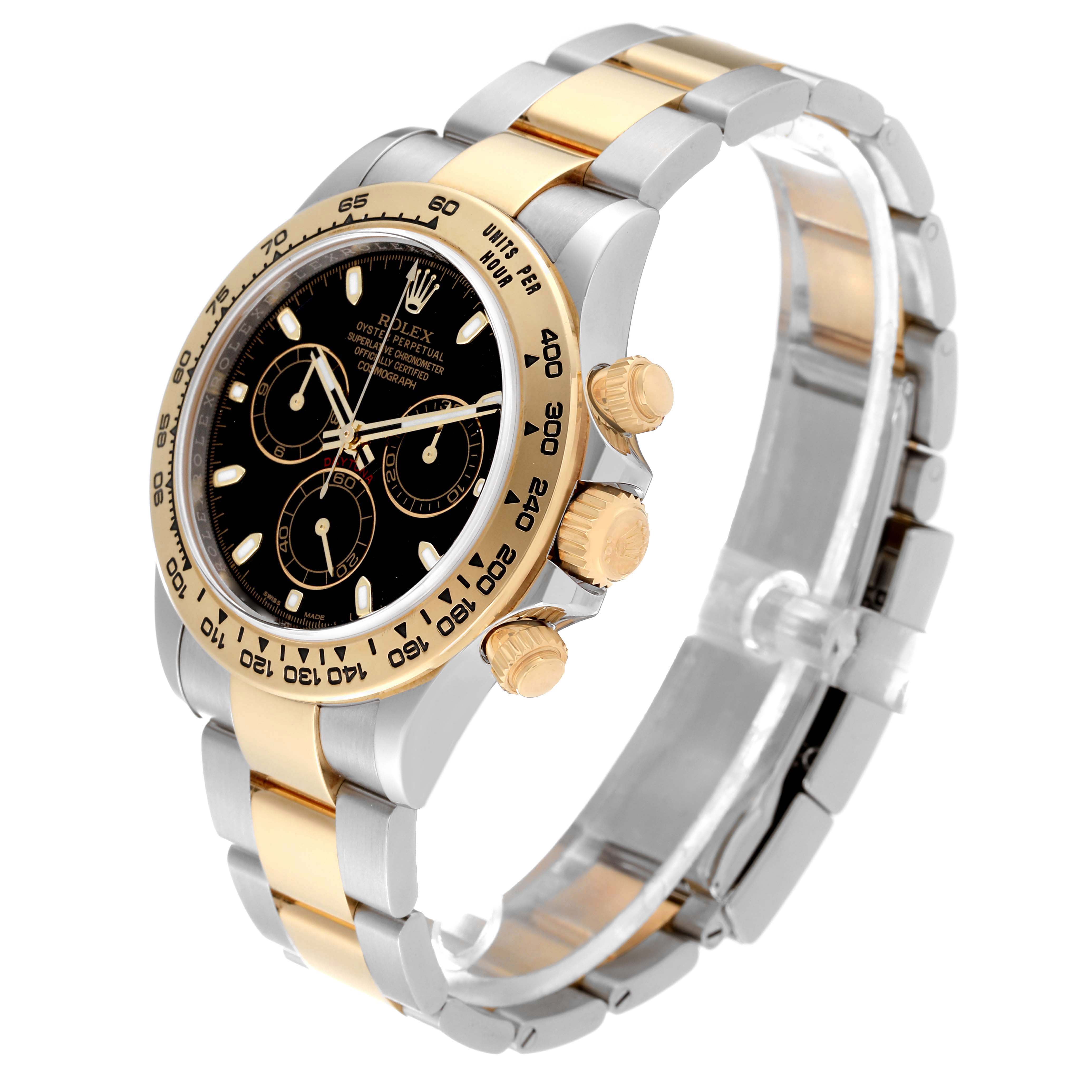 This image shows a Rolex Daytona 116503 Men
s Steel and Gold (two tone) Black Dial 116503 Men
s Steel and Gold (two tone) Black Dial watch, angled to display the side, face, bezel, and part of the bracelet.