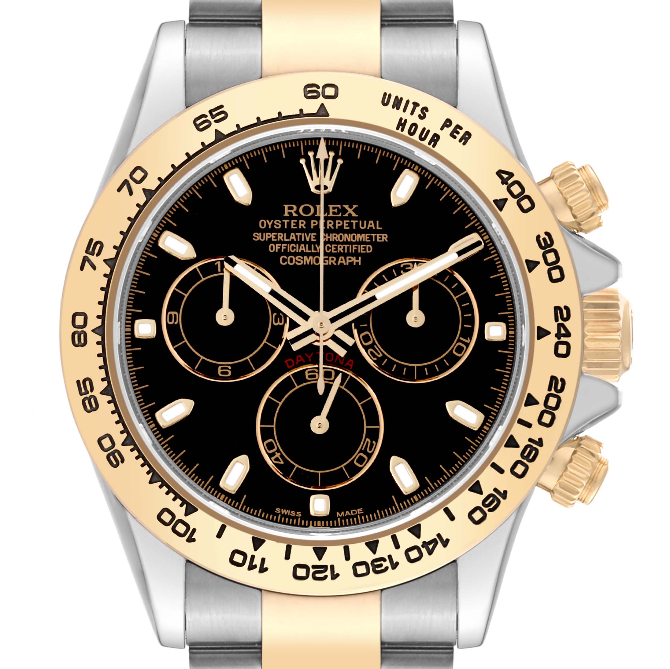 This image shows a frontal view of a Rolex Daytona 116503 Men
s Steel and Gold (two tone) Black Dial 116503 Men
s Steel and Gold (two tone) Black Dial watch, highlighting the dial, bezel, pushers, and part of the bracelet.