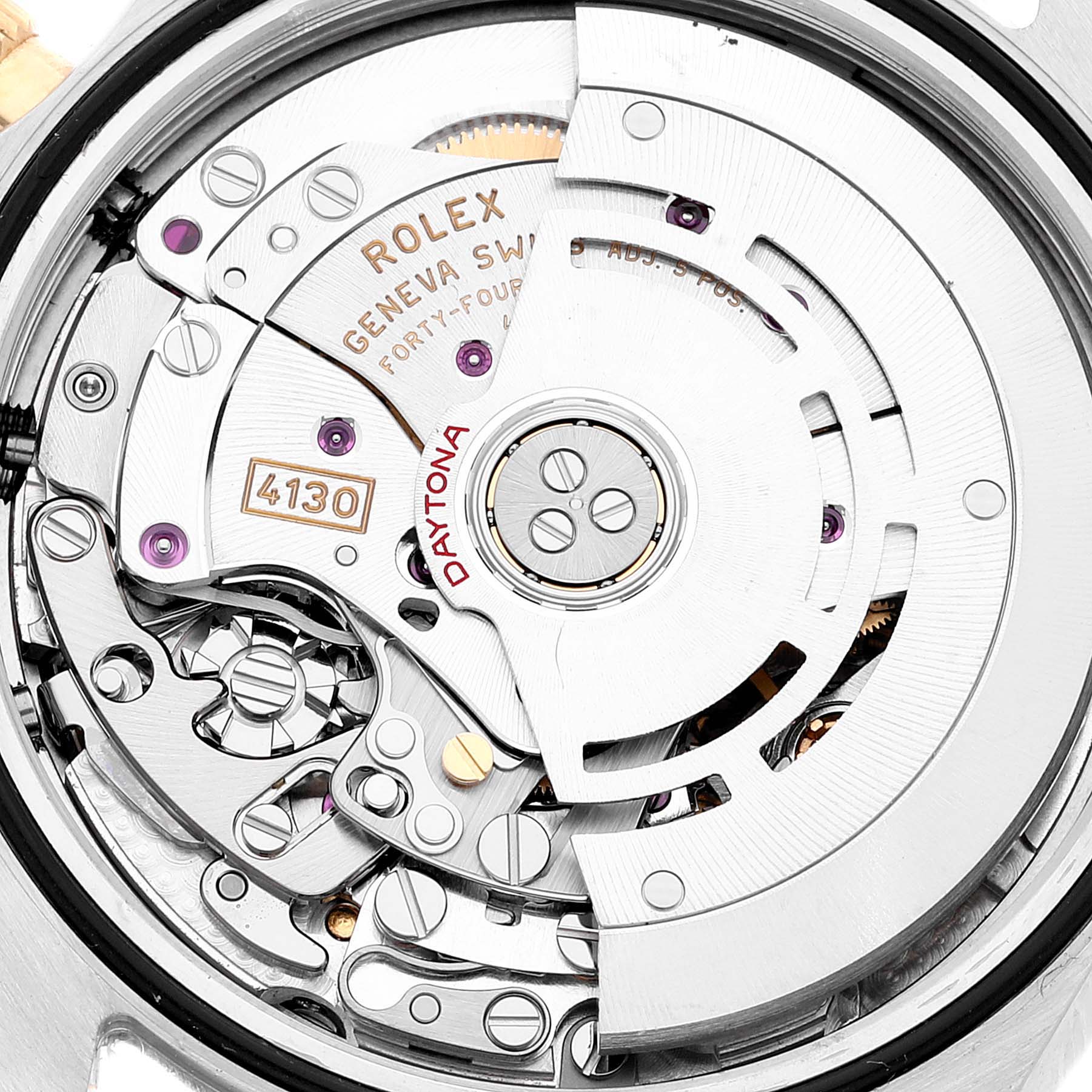 This image shows a close-up view of the internal mechanism of a Rolex Daytona 116503 Men's Steel and Gold (two tone) Mother of Pearl Dial 116503 Men's Steel and Gold (two tone) Mother of Pearl Dial watch.