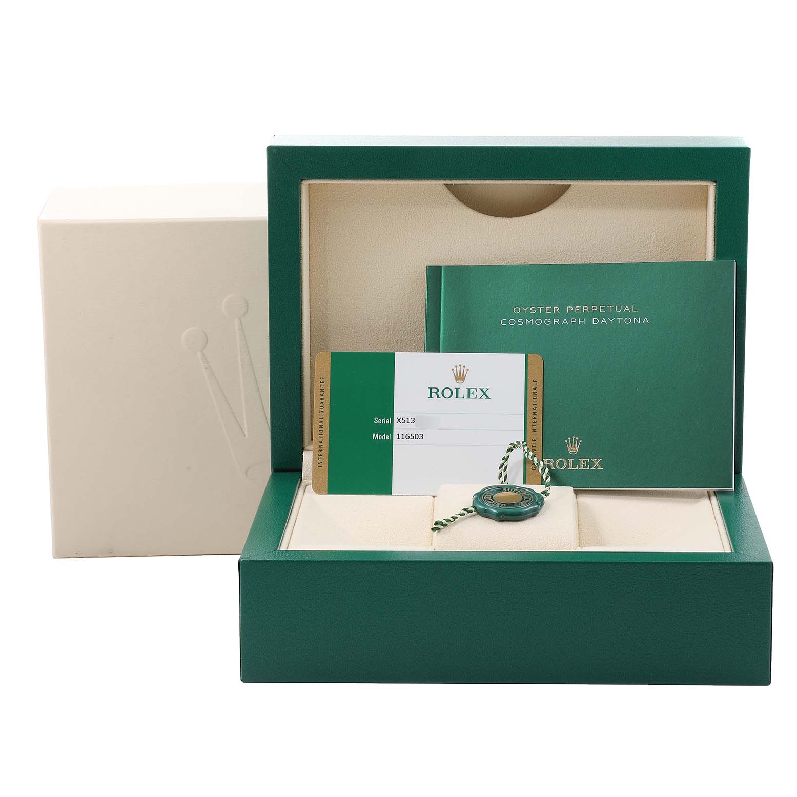 The image shows a Rolex Daytona 116503 Men's Steel and Gold (two tone) Mother of Pearl Dial 116503 Men's Steel and Gold (two tone) Mother of Pearl Dial watch box with warranty card, manual, and tag.