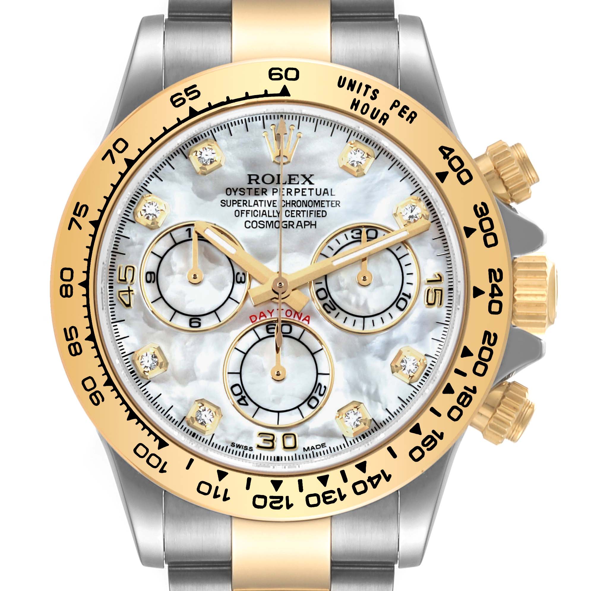 This image shows a front view of the Rolex Daytona 116503 Men's Steel and Gold (two tone) Mother of Pearl Dial 116503 Men's Steel and Gold (two tone) Mother of Pearl Dial watch, featuring a bezel, dial, and crown with pushers.