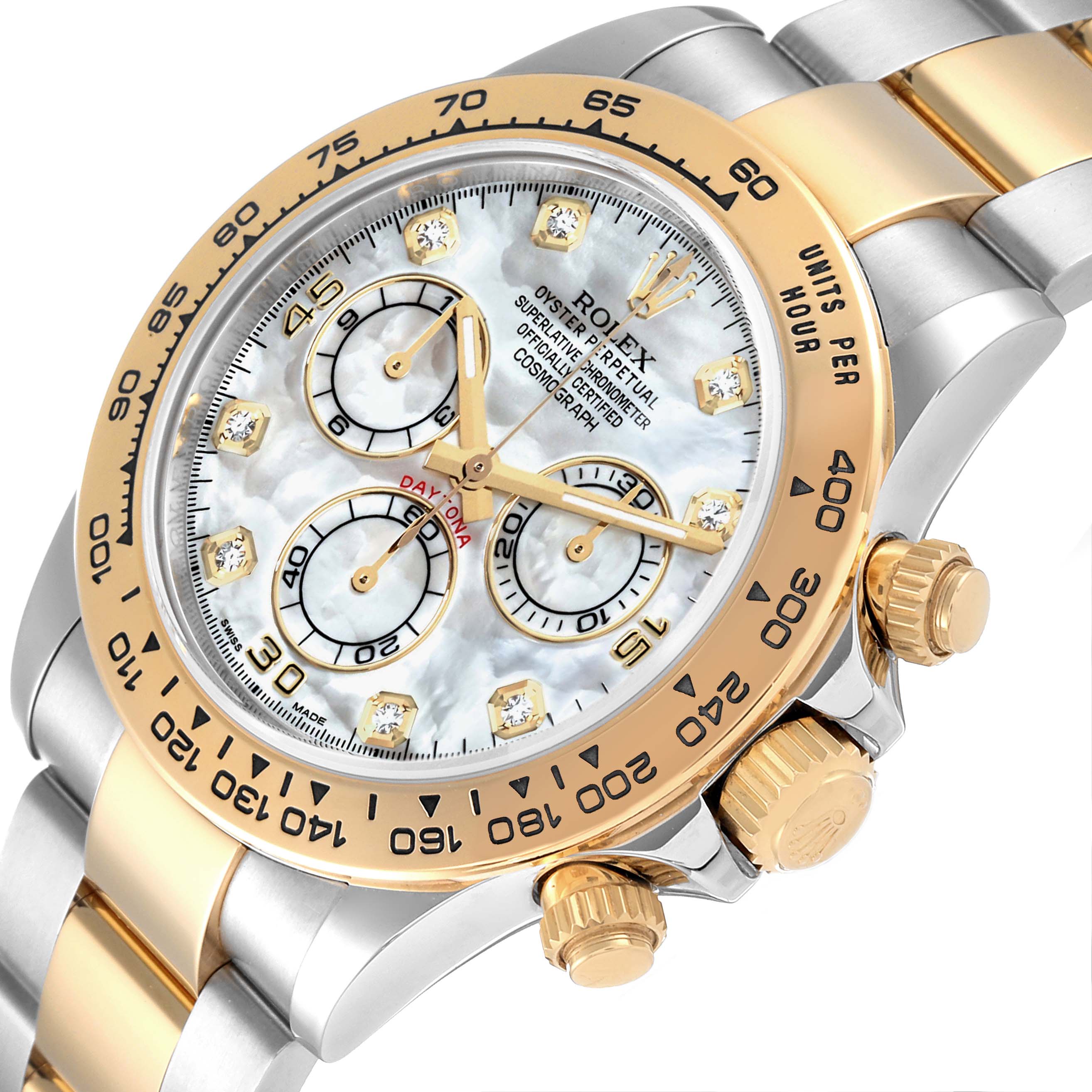 The Rolex Daytona 116503 Men's Steel and Gold (two tone) Mother of Pearl Dial 116503 Men's Steel and Gold (two tone) Mother of Pearl Dial watch is shown at an angled close-up, highlighting the face, bezel, crown, and chronograph sub-dials.