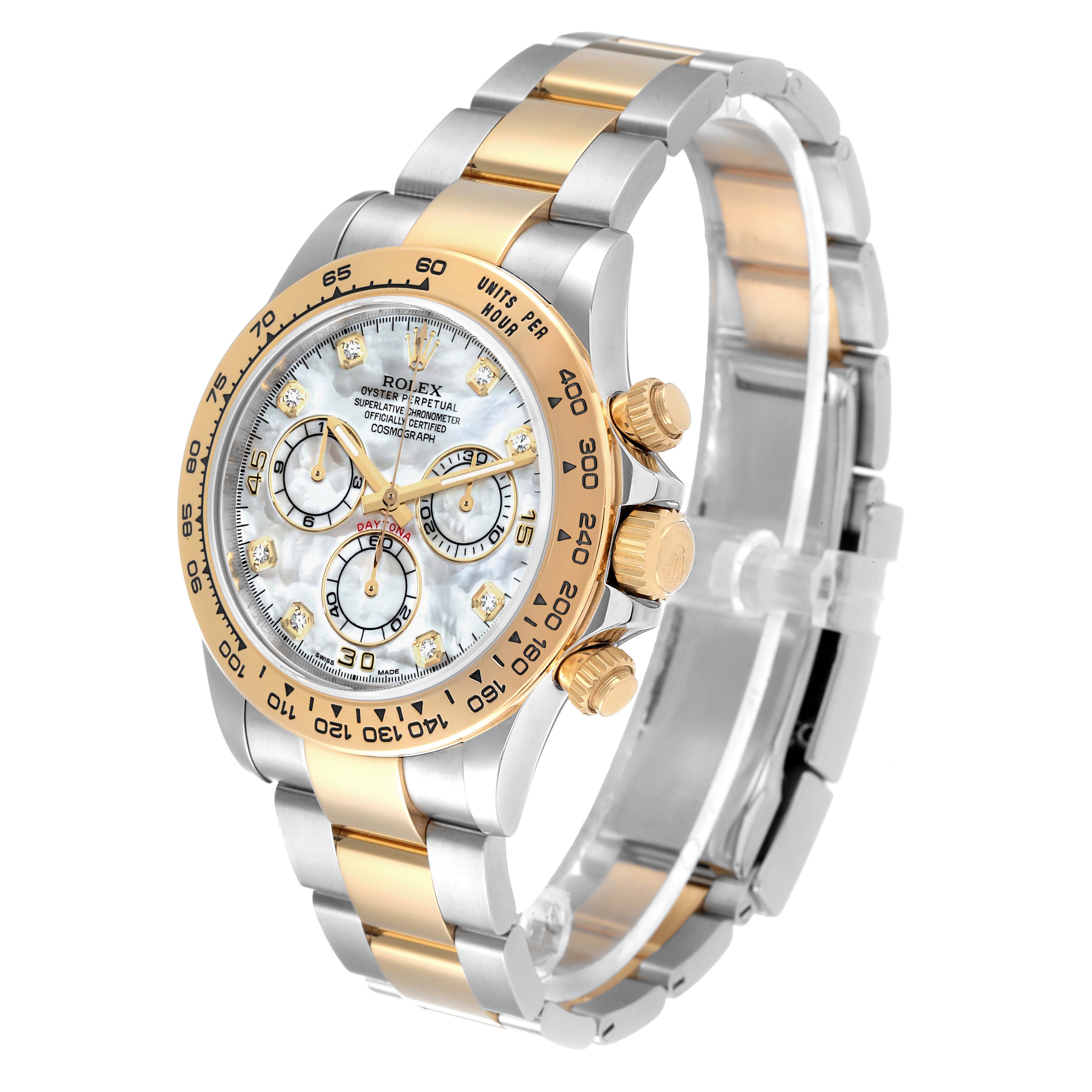 This image shows a Rolex Daytona 116503 Men's Steel and Gold (two tone) Mother of Pearl Dial 116503 Men's Steel and Gold (two tone) Mother of Pearl Dial watch at a side angle, highlighting its bezel, bracelet, dial, and chronograph pushers.