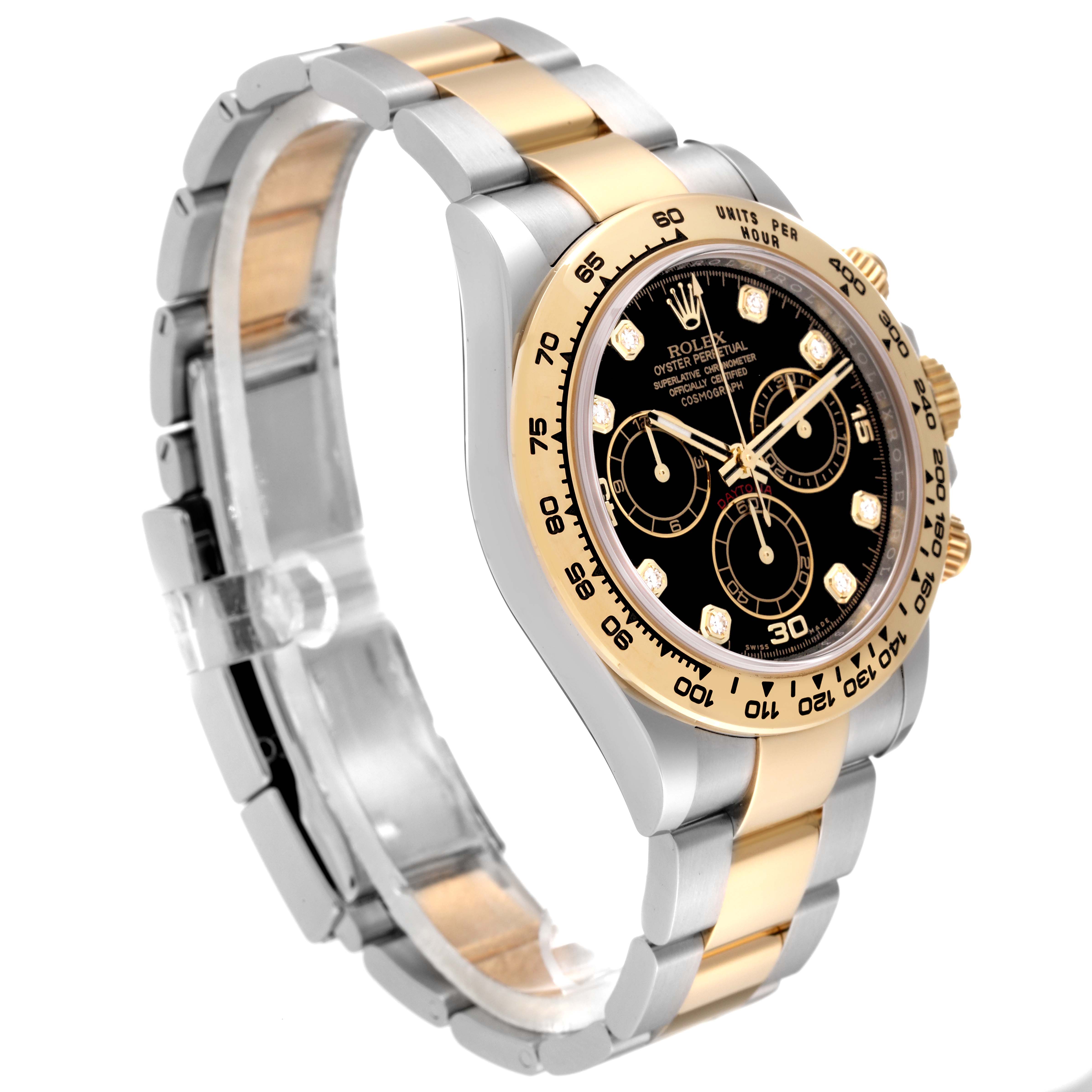 This Rolex Daytona 116503 Men's Steel and Gold (two tone) Black Dial 116503 Men's Steel and Gold (two tone) Black Dial watch is shown at a three-quarter angle, highlighting its gold and stainless steel bracelet, bezel, and black dial with sub-dials.