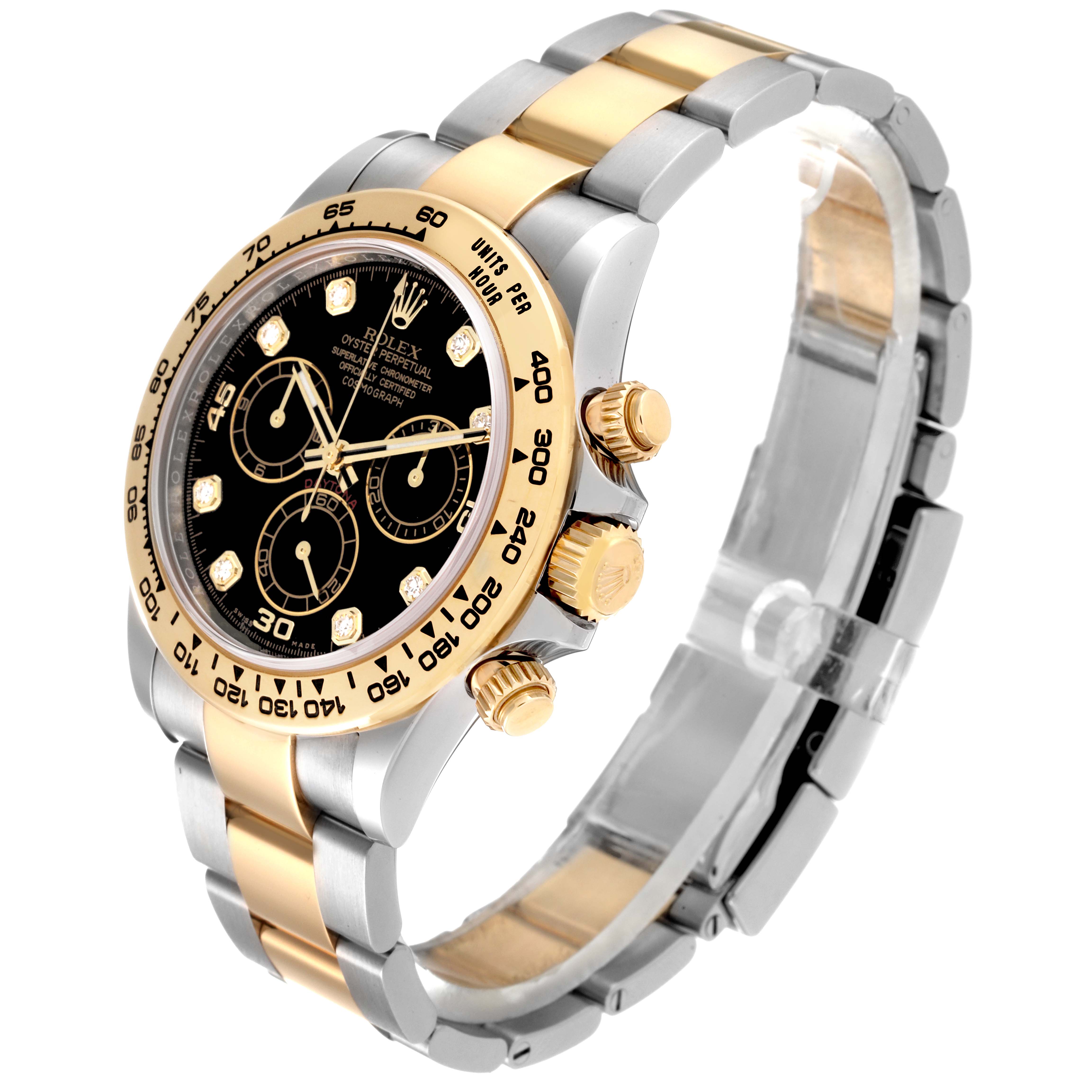 The Rolex Daytona 116503 Men's Steel and Gold (two tone) Black Dial 116503 Men's Steel and Gold (two tone) Black Dial watch is shown at a slight three-quarter angle, highlighting its gold and silver bracelet, black dial, and chronograph sub-dials.