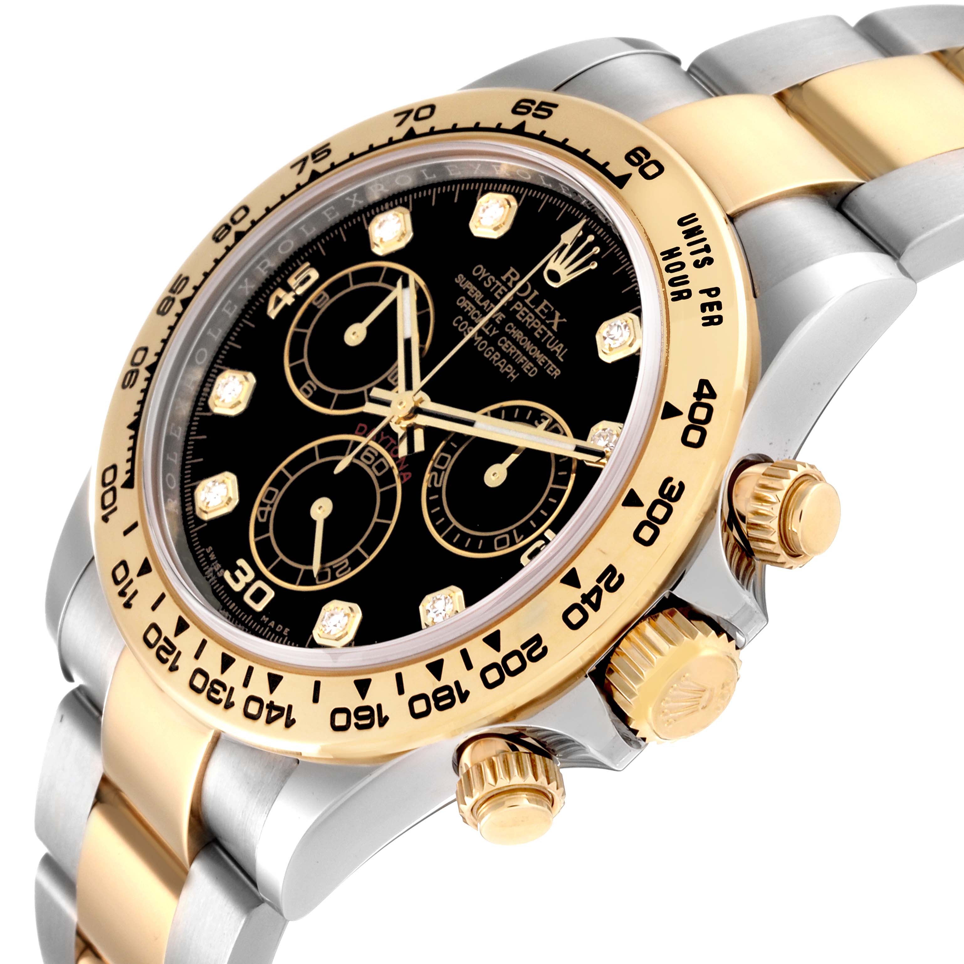This image shows a side-angle view of a Rolex Daytona 116503 Men's Steel and Gold (two tone) Black Dial 116503 Men's Steel and Gold (two tone) Black Dial watch, highlighting the bezel, crown, and part of the bracelet.