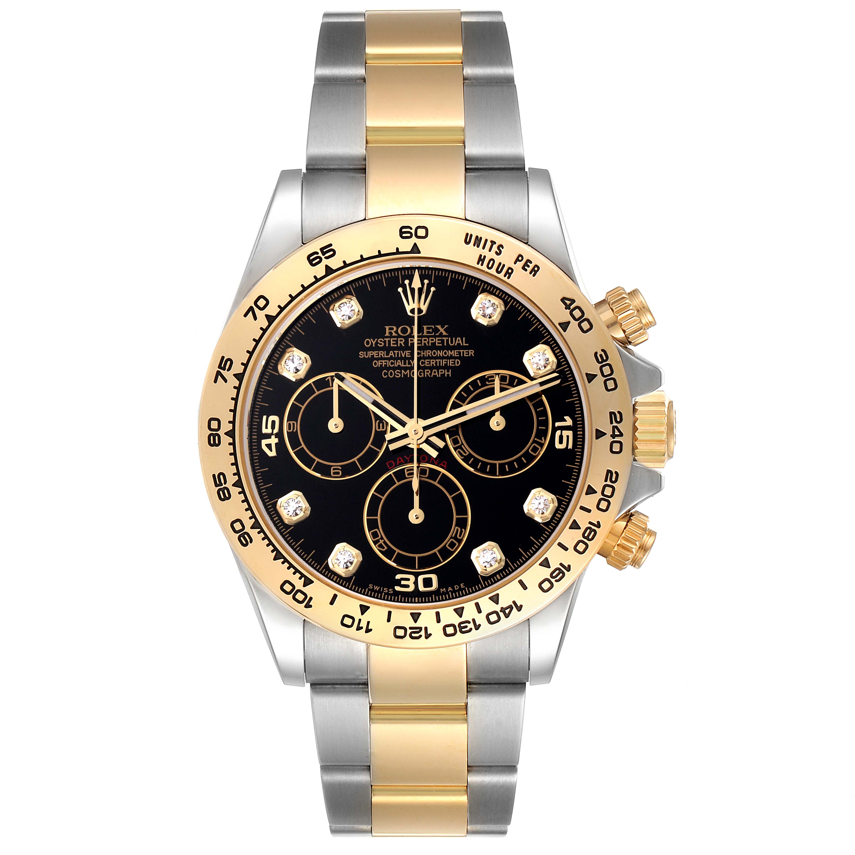 This Rolex Daytona 116503 Men's Steel and Gold (two tone) Black Dial 116503 Men's Steel and Gold (two tone) Black Dial watch is shown from a top-down angle, displaying its dial, bezel, and bracelet clearly.
