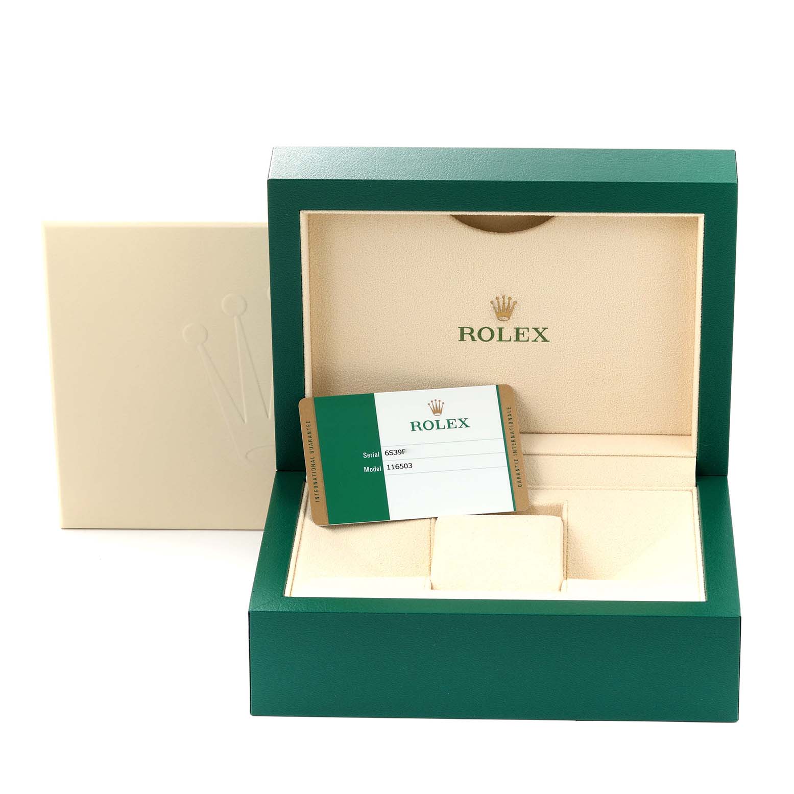 This image shows a Rolex Daytona 116503 Men's Steel and Gold (two tone) Black Dial 116503 Men's Steel and Gold (two tone) Black Dial watch box and documentation, with the box open and warranty card visible.