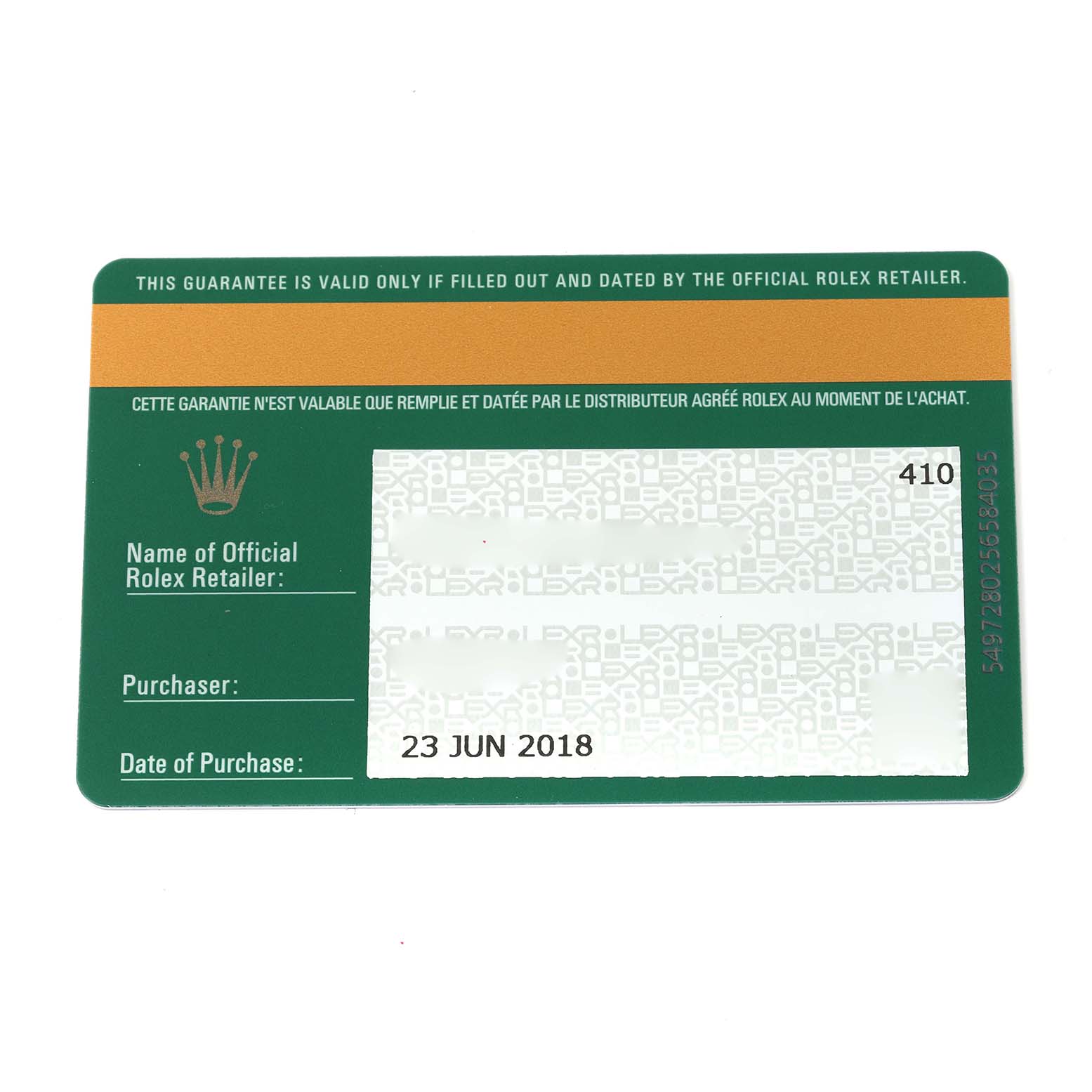 This image shows a warranty card for the Daytona model by Rolex with fields for retailer name, purchaser, and date of purchase filled out.