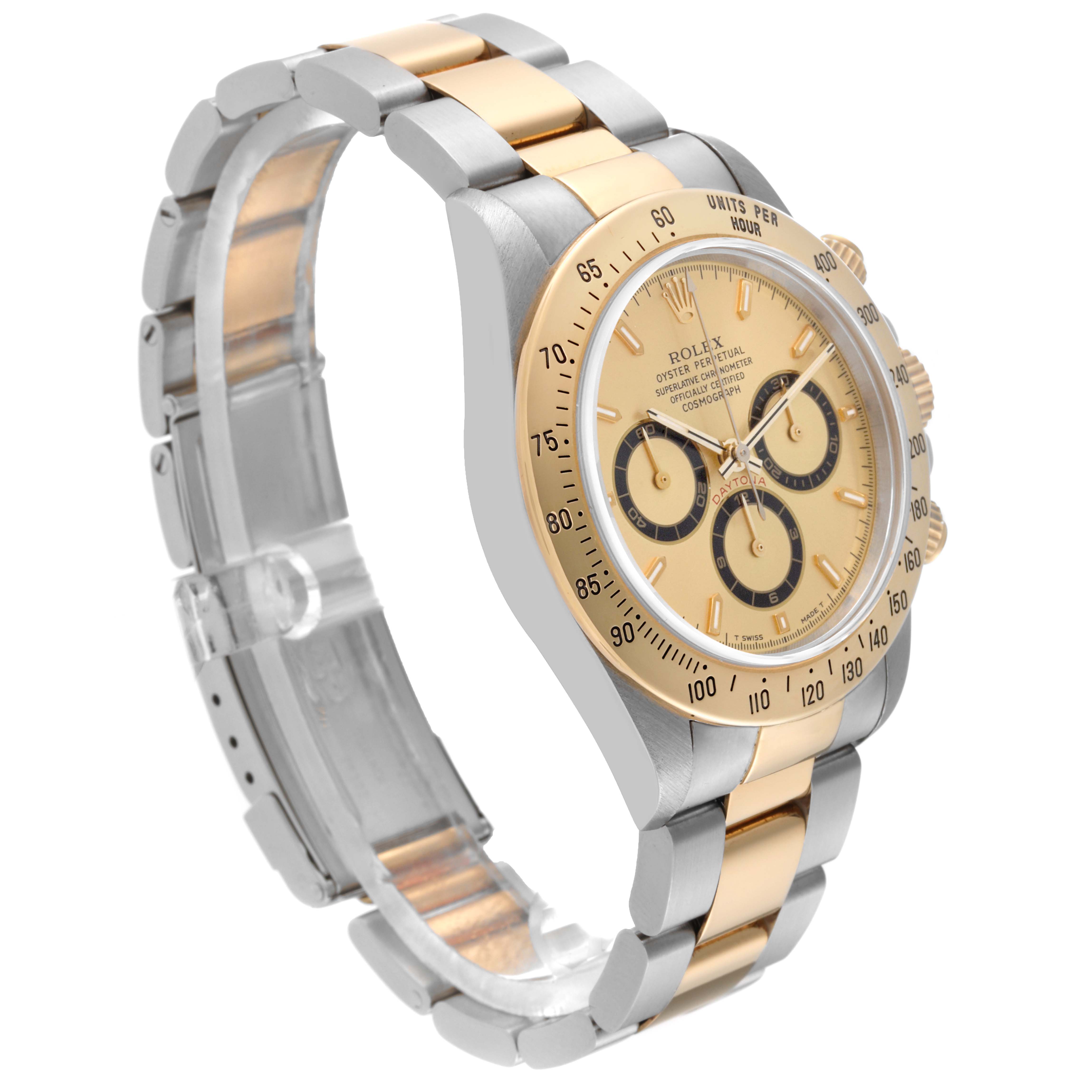 The Rolex Daytona 16523 Men's Steel and Gold (two tone) Champagne Dial 16523 Men's Steel and Gold (two tone) Champagne Dial watch is shown at an angle highlighting its two-tone bracelet, bezel, and face with three sub-dials.