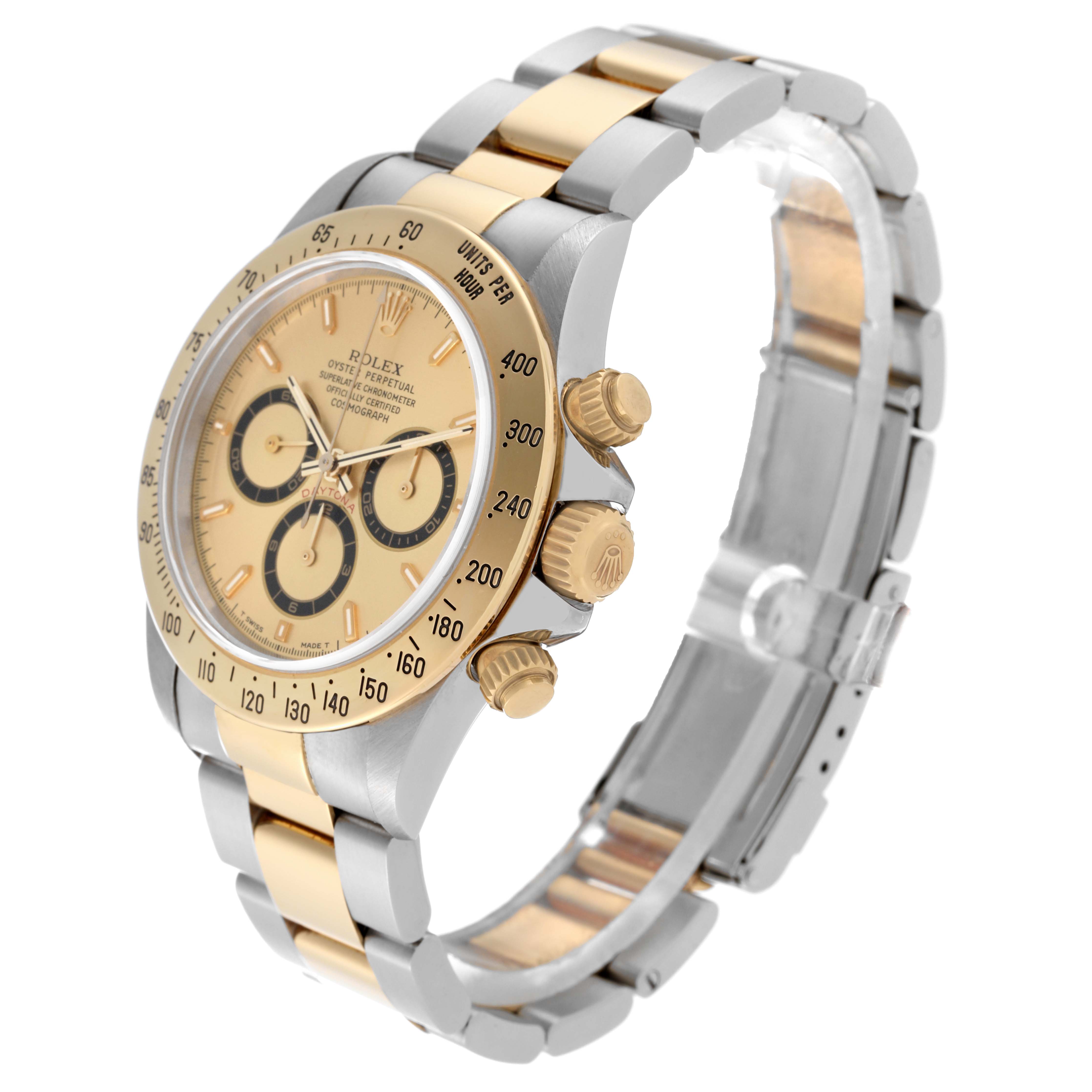 The Rolex Daytona 16523 Men's Steel and Gold (two tone) Champagne Dial 16523 Men's Steel and Gold (two tone) Champagne Dial watch is shown at a slight angle displaying the face, crown, pushers, and a partially opened bracelet.