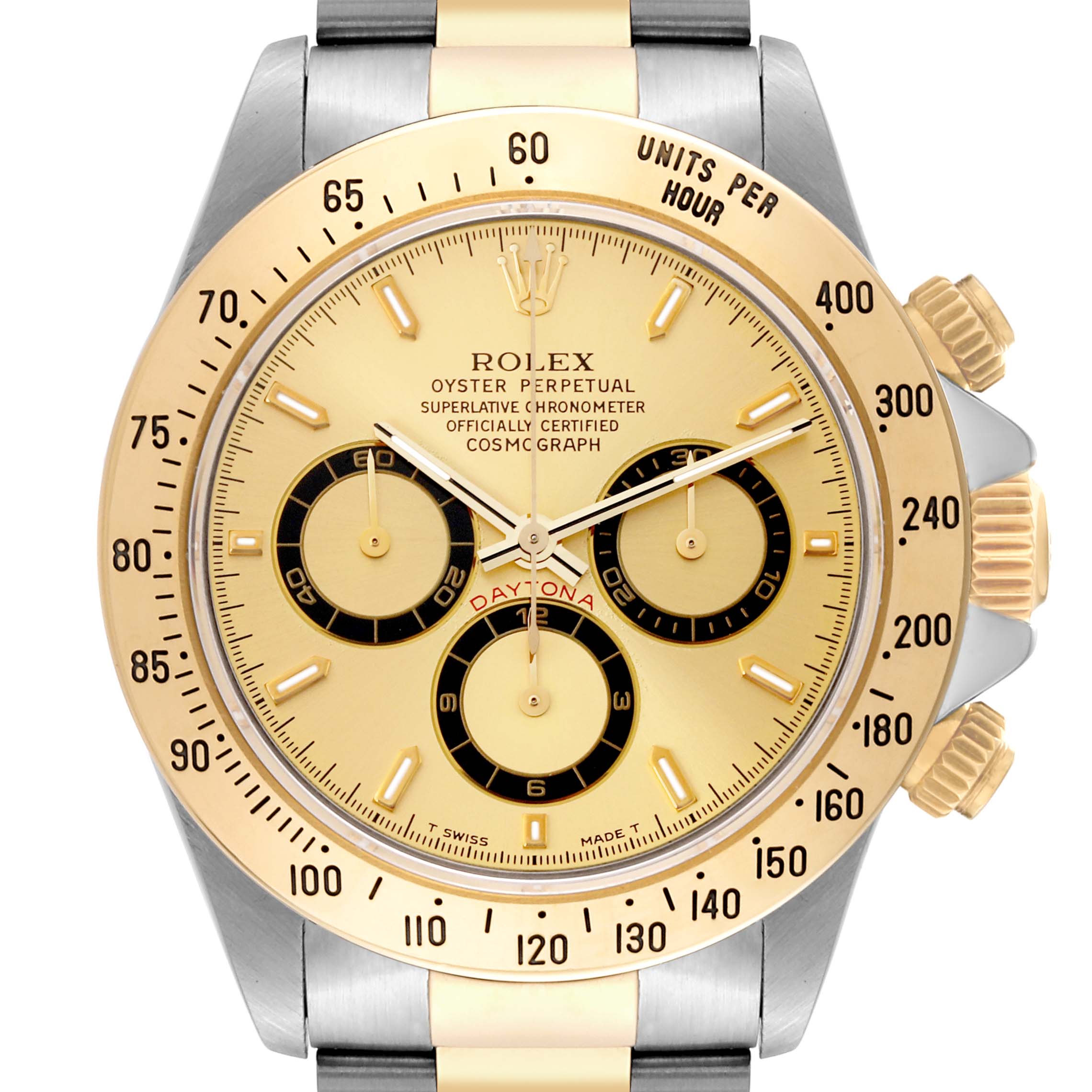 This image shows a front view of the Rolex Daytona 16523 Men's Steel and Gold (two tone) Champagne Dial 16523 Men's Steel and Gold (two tone) Champagne Dial watch, highlighting its dial, bezel, and crown.
