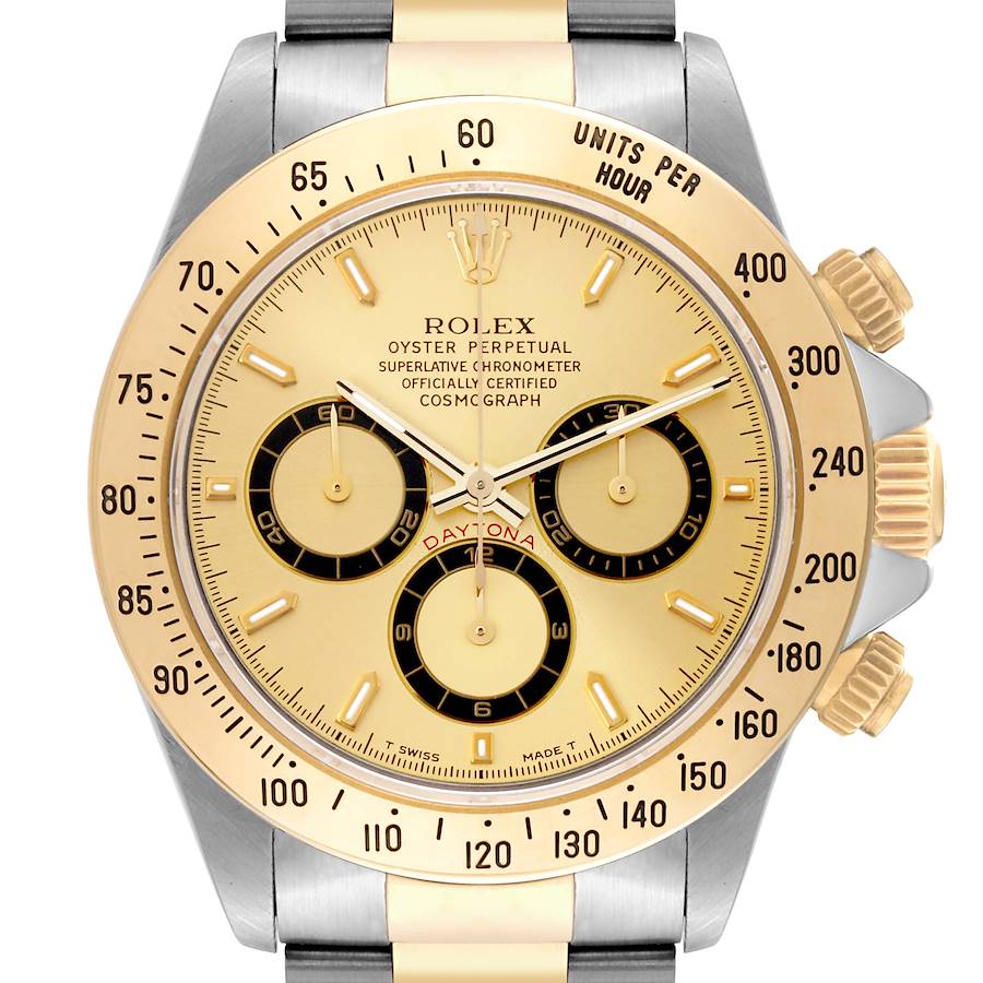 This image shows a front view of the Rolex Daytona watch, highlighting its dial, bezel, and crown.