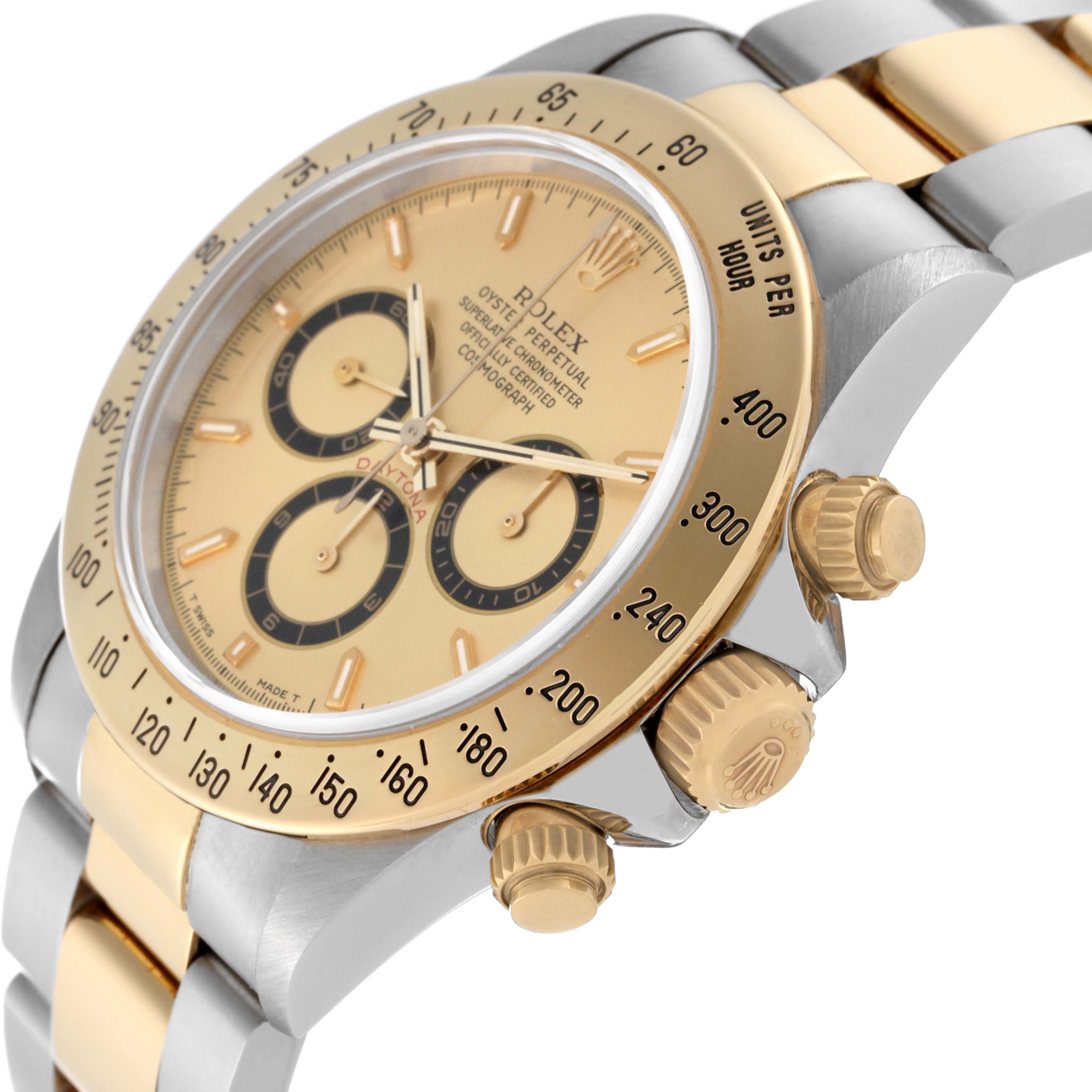The Rolex Daytona 16523 Men's Steel and Gold (two tone) Champagne Dial 16523 Men's Steel and Gold (two tone) Champagne Dial watch is shown from an angled side view, highlighting the gold bezel, crown, sub-dials, and two-tone bracelet.