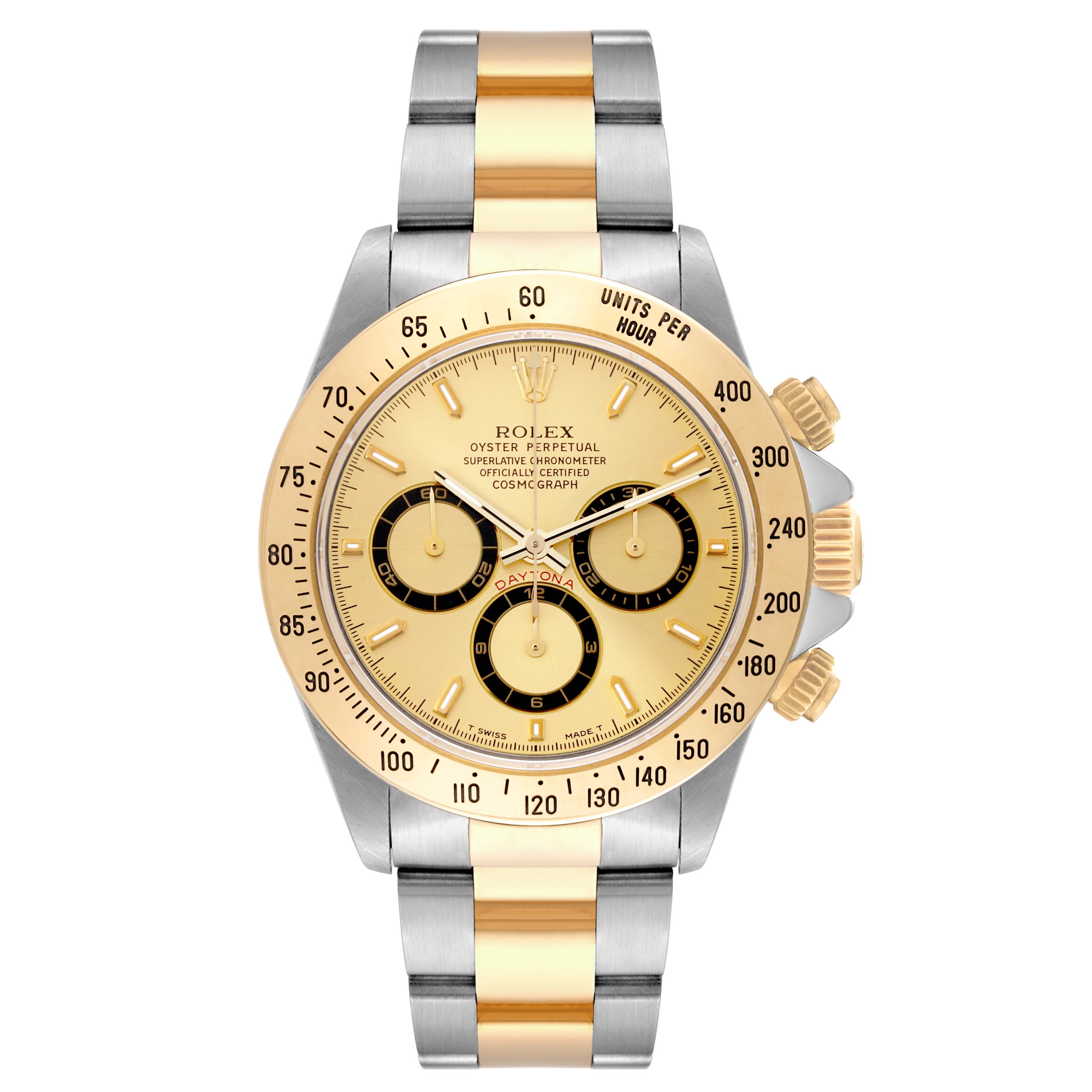 The image shows a front view of the Rolex Daytona 16523 Men's Steel and Gold (two tone) Champagne Dial 16523 Men's Steel and Gold (two tone) Champagne Dial watch, highlighting its dial, bezel, and two-tone bracelet.