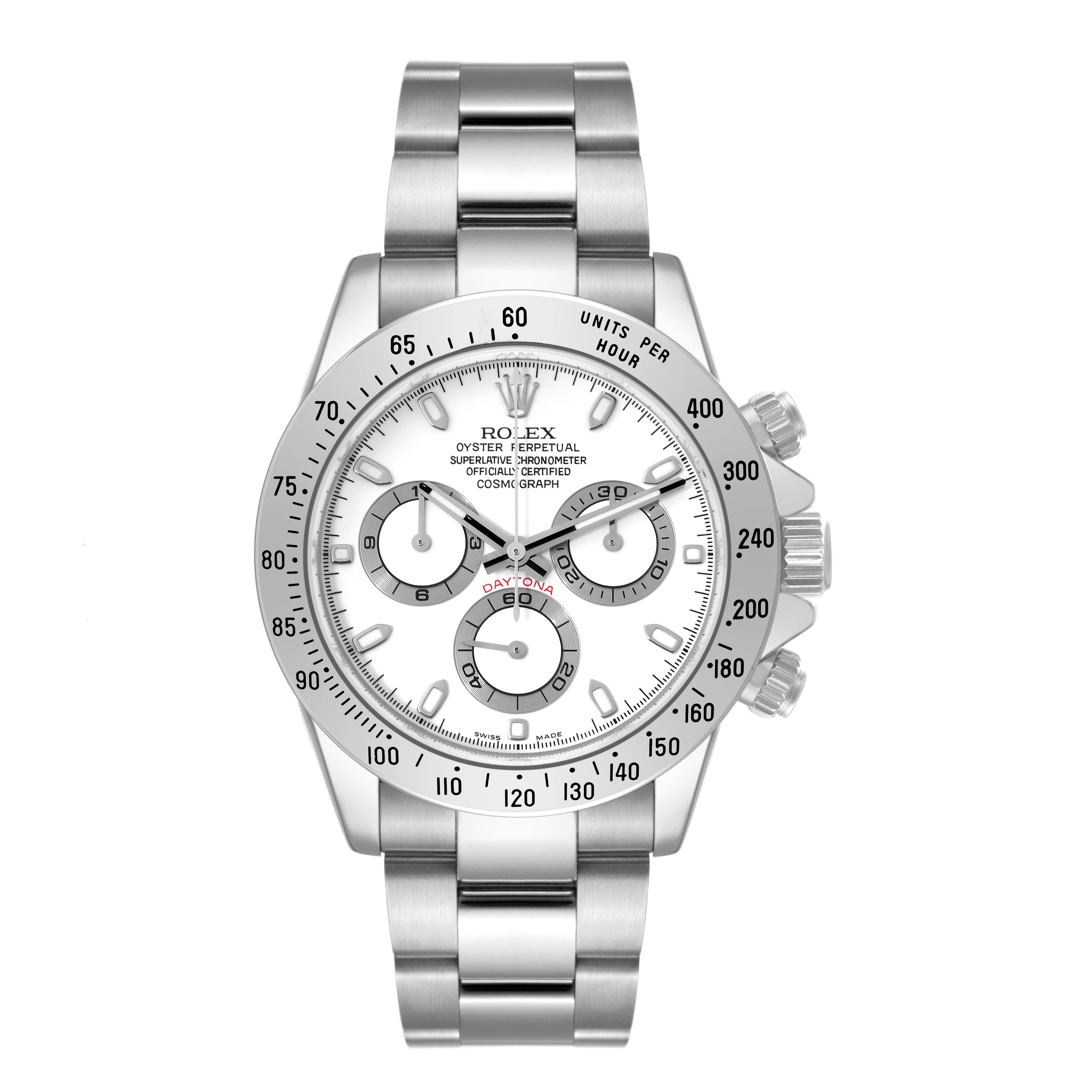 This image shows a front view of the Rolex Daytona 116520 Men's Stainless Steel White Dial 116520 Men's Stainless Steel White Dial watch, highlighting its dial, bezel, and bracelet.