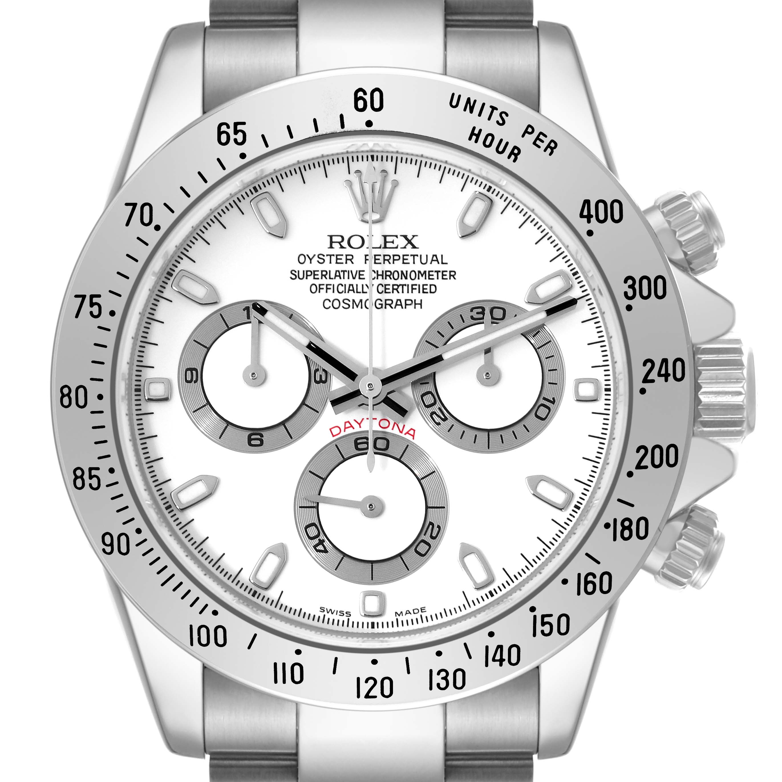 The image shows a front view of the Rolex Daytona 116520 Men's Stainless Steel White Dial 116520 Men's Stainless Steel White Dial watch, displaying its face, subdials, bezel, and part of the bracelet.