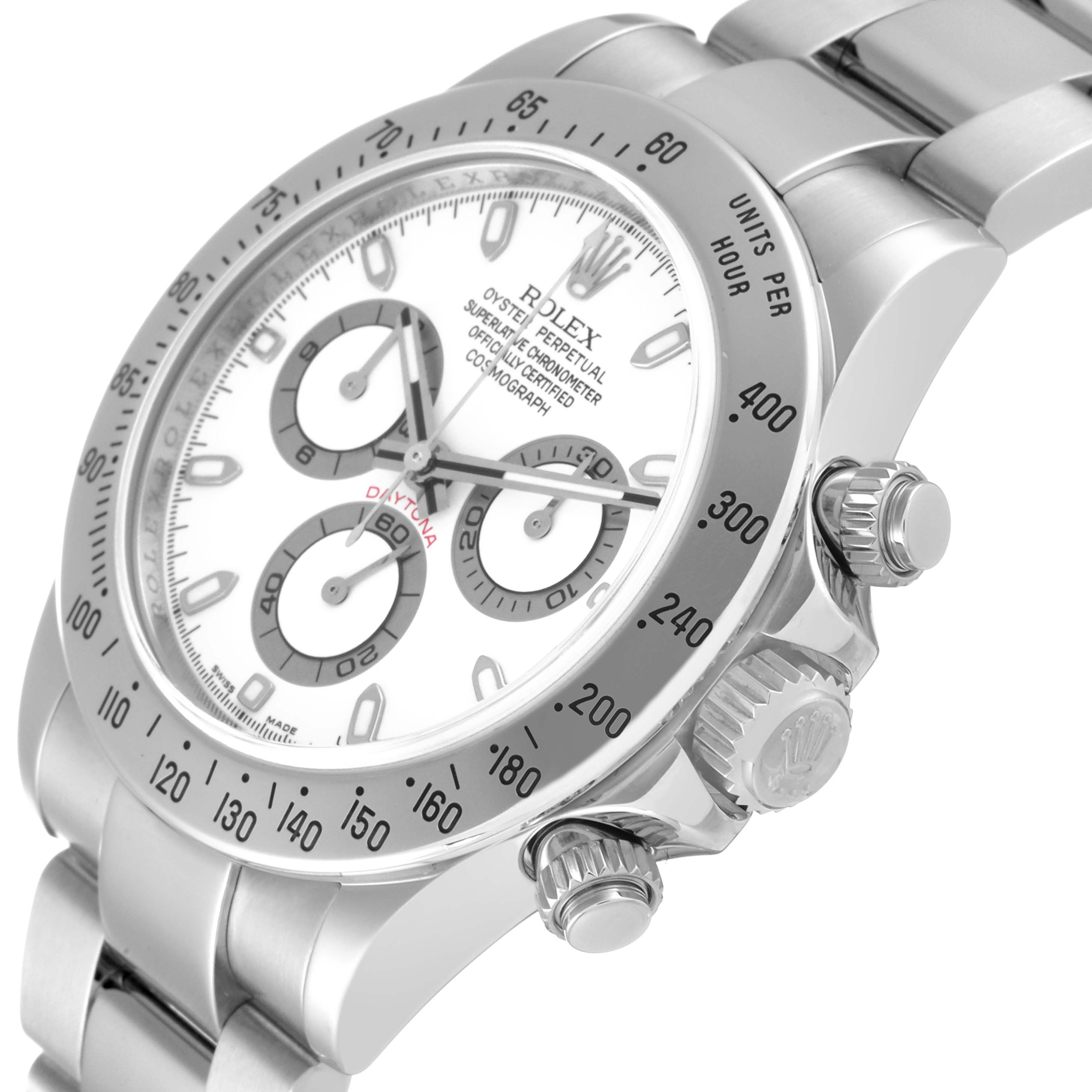 This close-up angle showcases the face, bezel, and crown of the Rolex Daytona 116520 Men's Stainless Steel White Dial 116520 Men's Stainless Steel White Dial watch.