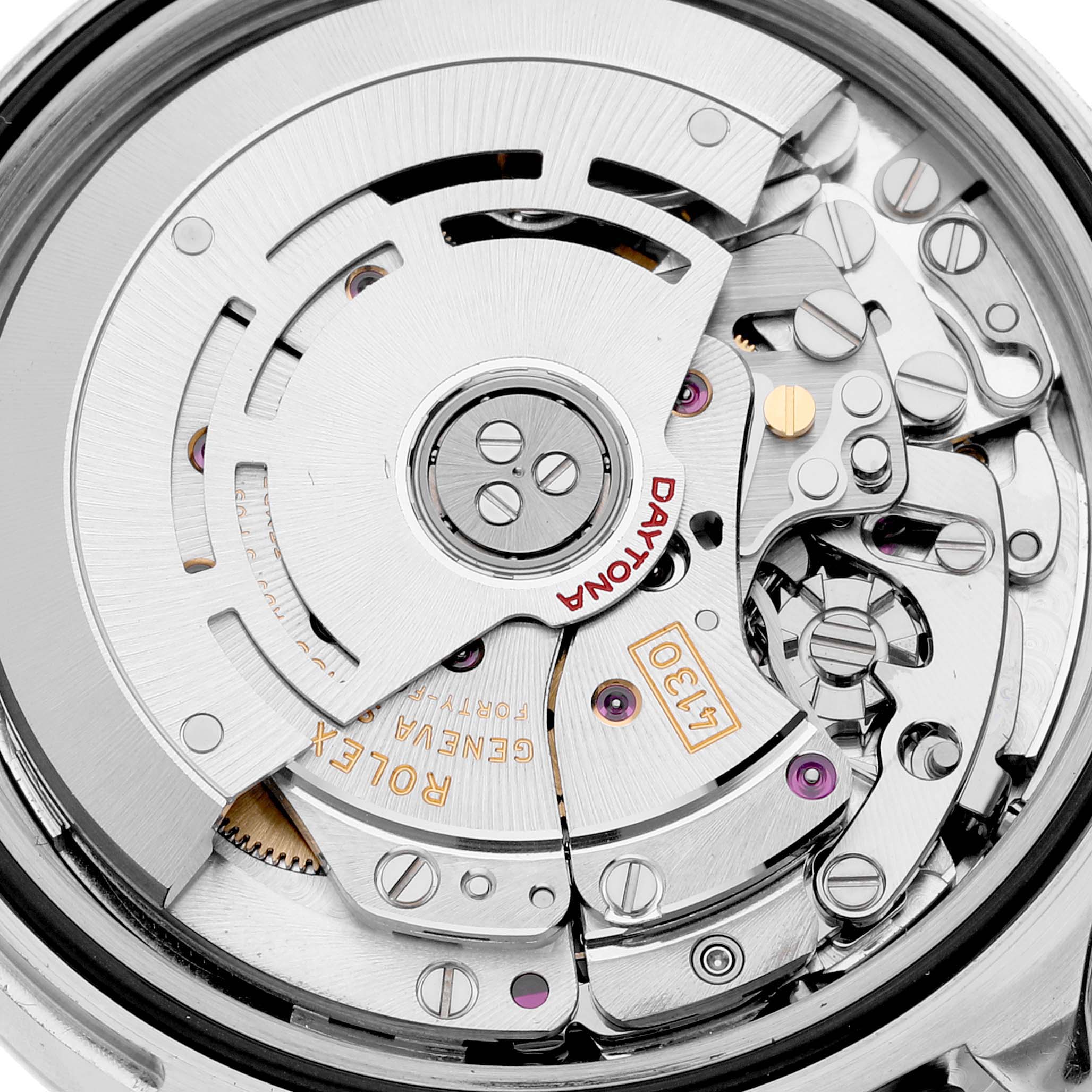 The image shows a close-up of the Rolex Daytona 116520 Men's Stainless Steel White Dial 116520 Men's Stainless Steel White Dial watch movement from a top-down angle.