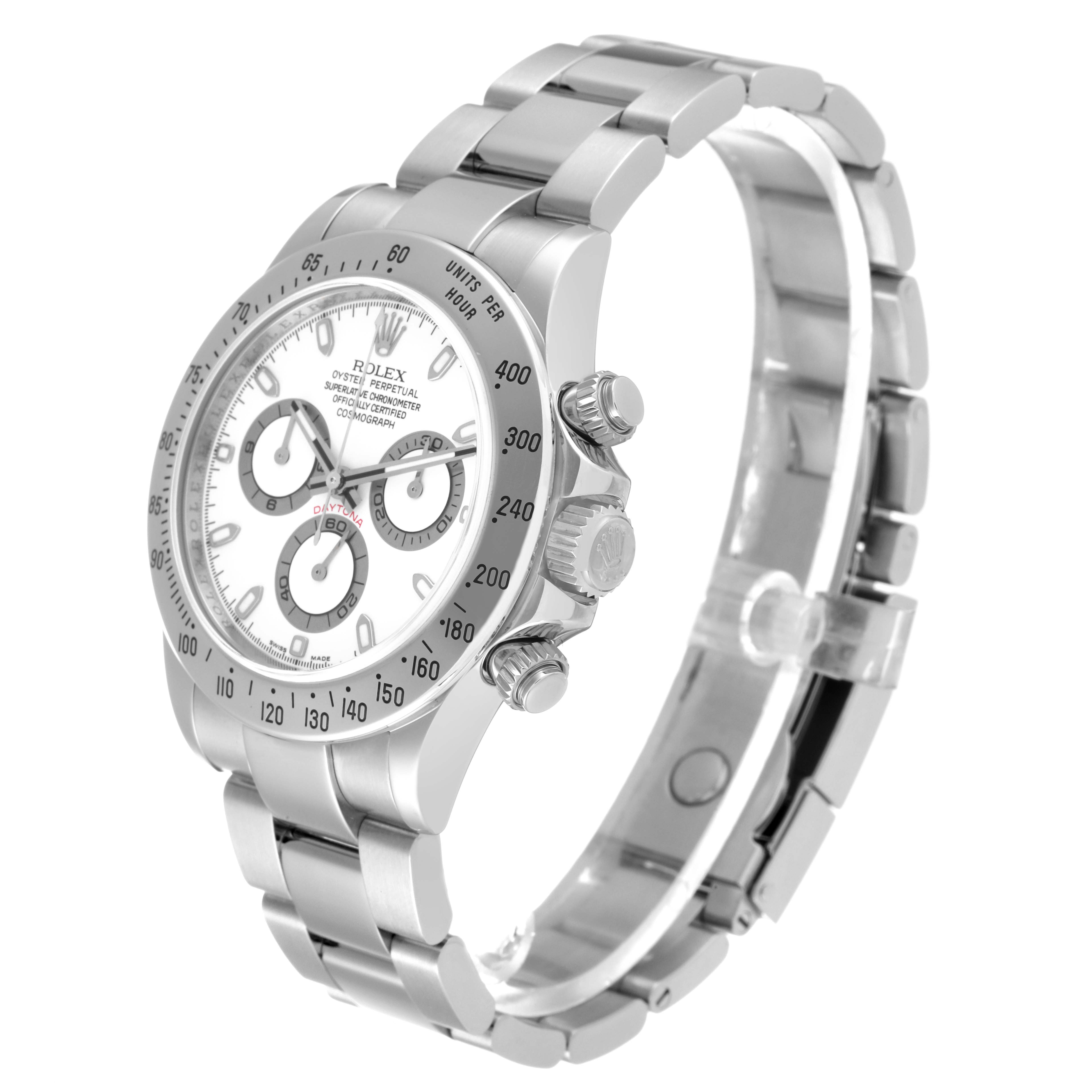 The image shows a side angle of the Rolex Daytona 116520 Men's Stainless Steel White Dial 116520 Men's Stainless Steel White Dial, highlighting the watch's dial, bezel, crown, pushers, and bracelet.