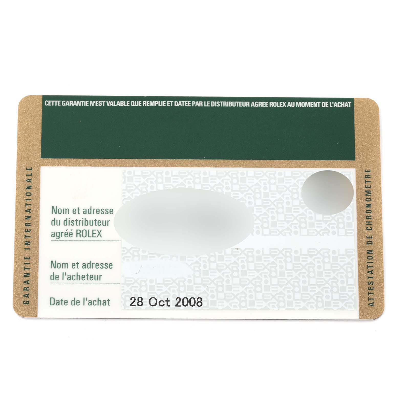 This image shows the warranty card for the Rolex Daytona 116520 Men's Stainless Steel White Dial 116520 Men's Stainless Steel White Dial model, dated 28 Oct 2008.