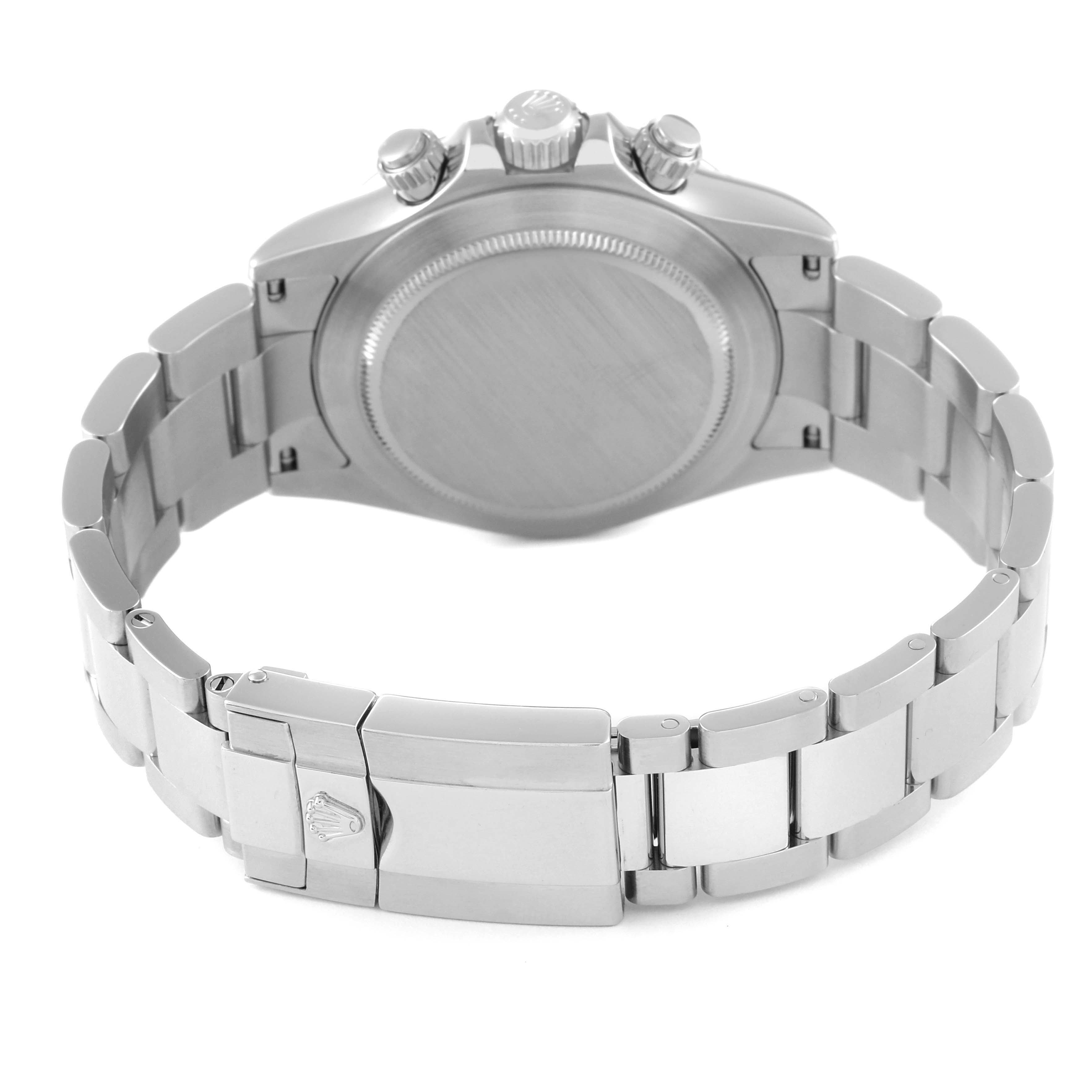 This is a rear view of a Rolex Daytona 116520 Men's Stainless Steel White Dial 116520 Men's Stainless Steel White Dial watch displaying the case back, bracelet, and clasp.