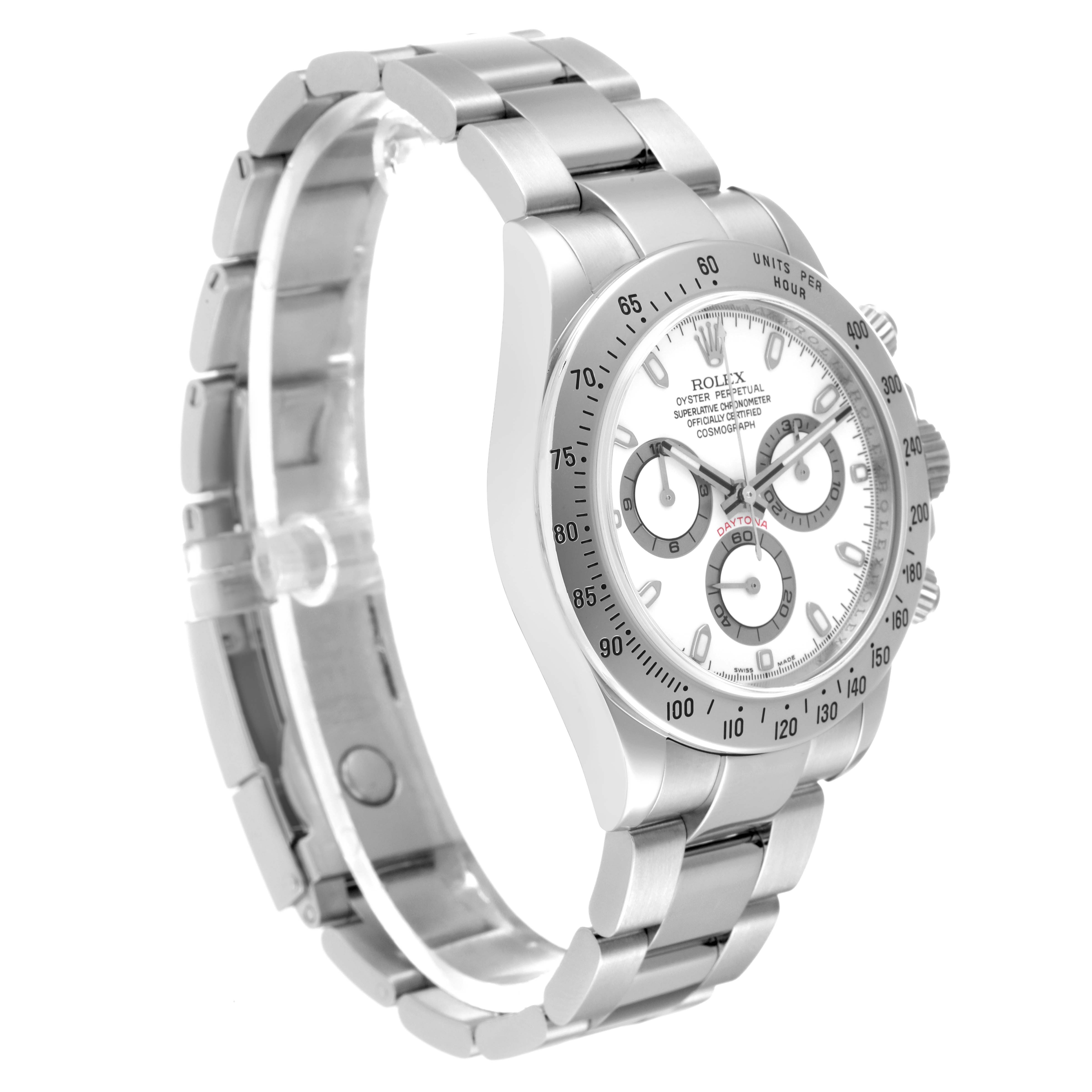 The Rolex Daytona 116520 Men's Stainless Steel White Dial 116520 Men's Stainless Steel White Dial watch is shown at an oblique angle, displaying the bracelet, case, dial, and chronograph functions.