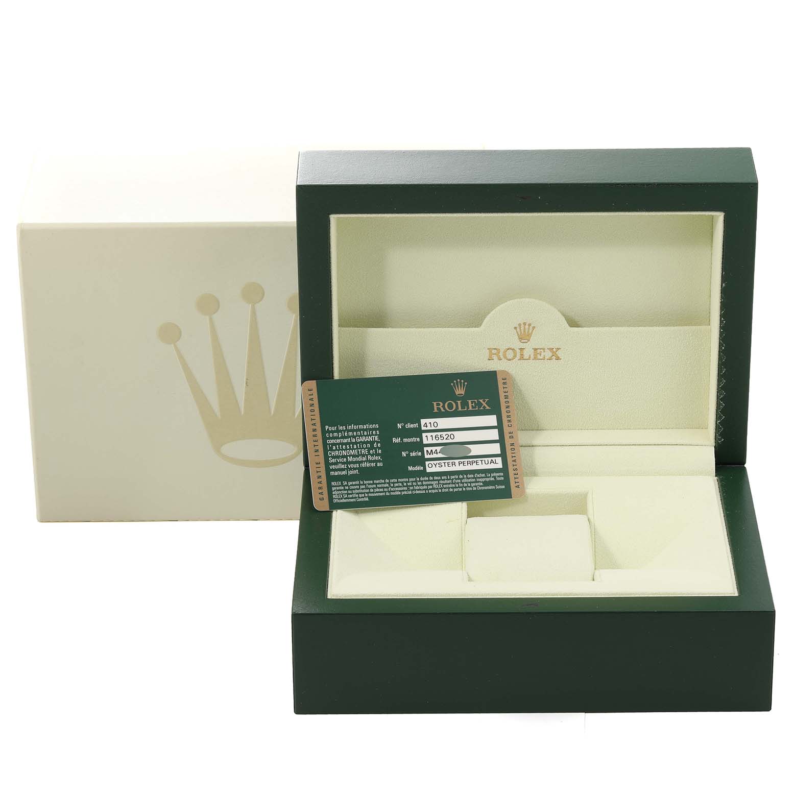 The image shows the open box and warranty card for a Rolex Daytona 116520 Men's Stainless Steel White Dial 116520 Men's Stainless Steel White Dial watch, with the card partially placed inside the box.