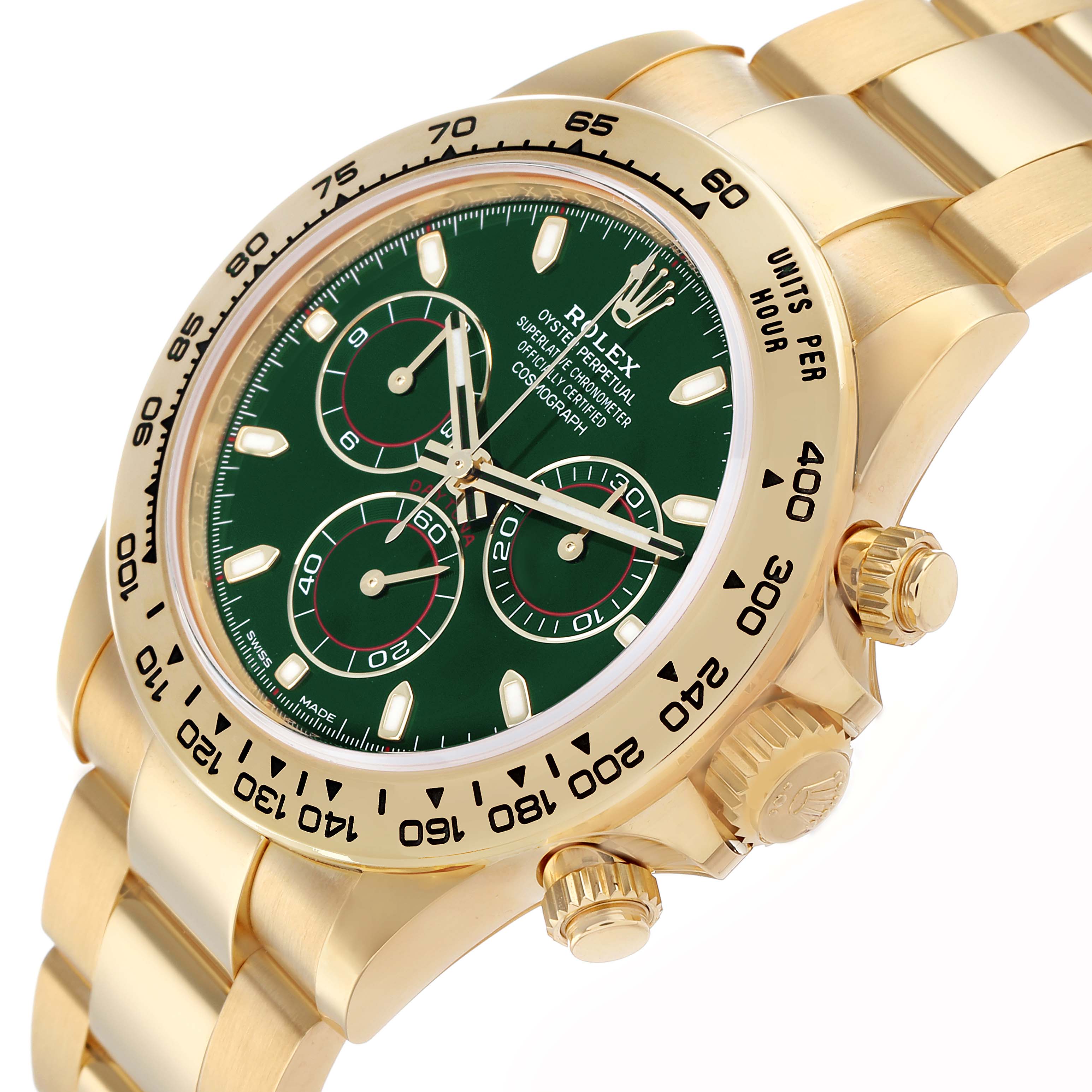 The Rolex Daytona 116508 Men's Yellow Gold Green Dial watch is shown at an angled view, highlighting the green dial, bezel, crown, and part of the bracelet.