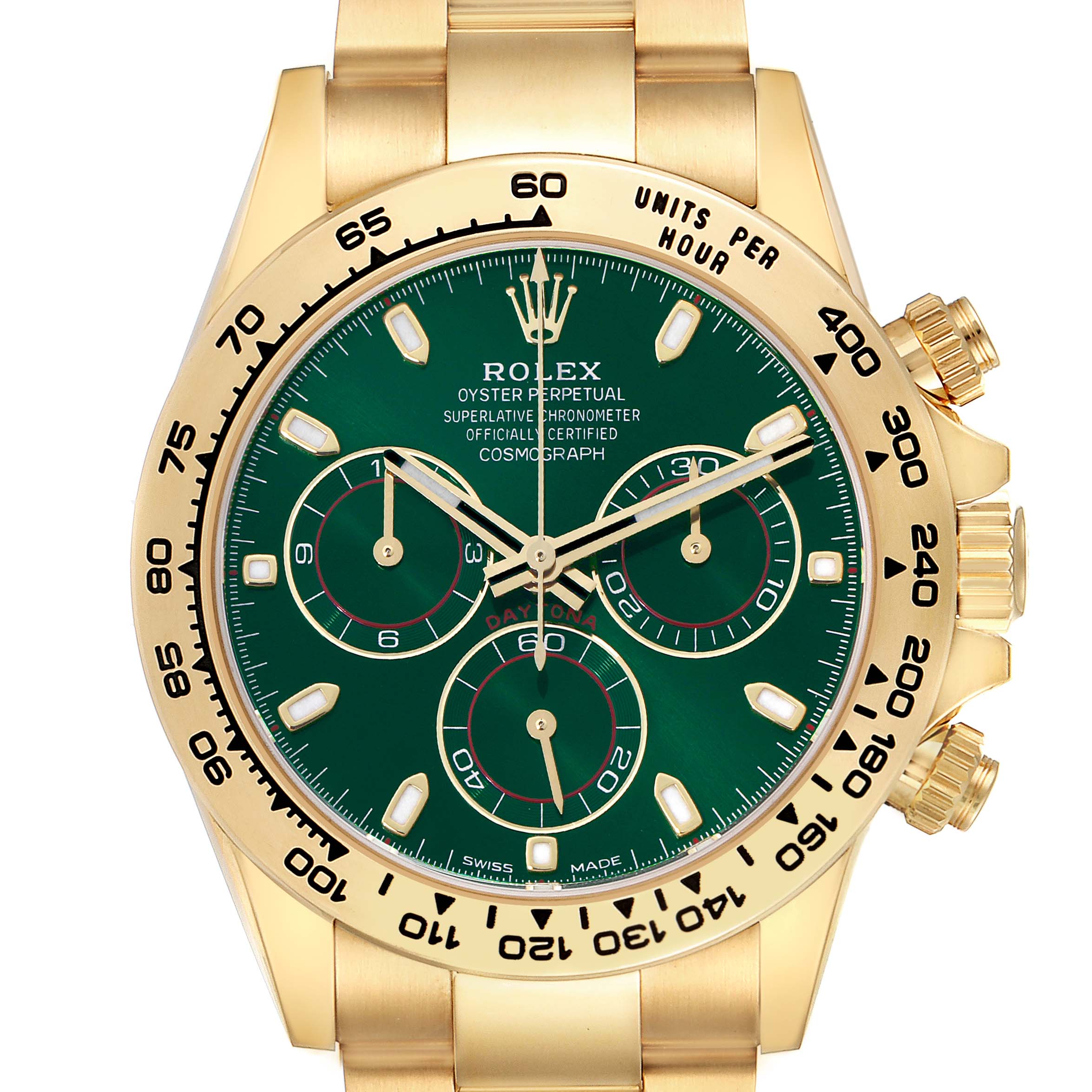 The Rolex Daytona 116508 Men's Yellow Gold Green Dial watch is shown from the front, highlighting the green dial, gold bezel, pushers, and crown.