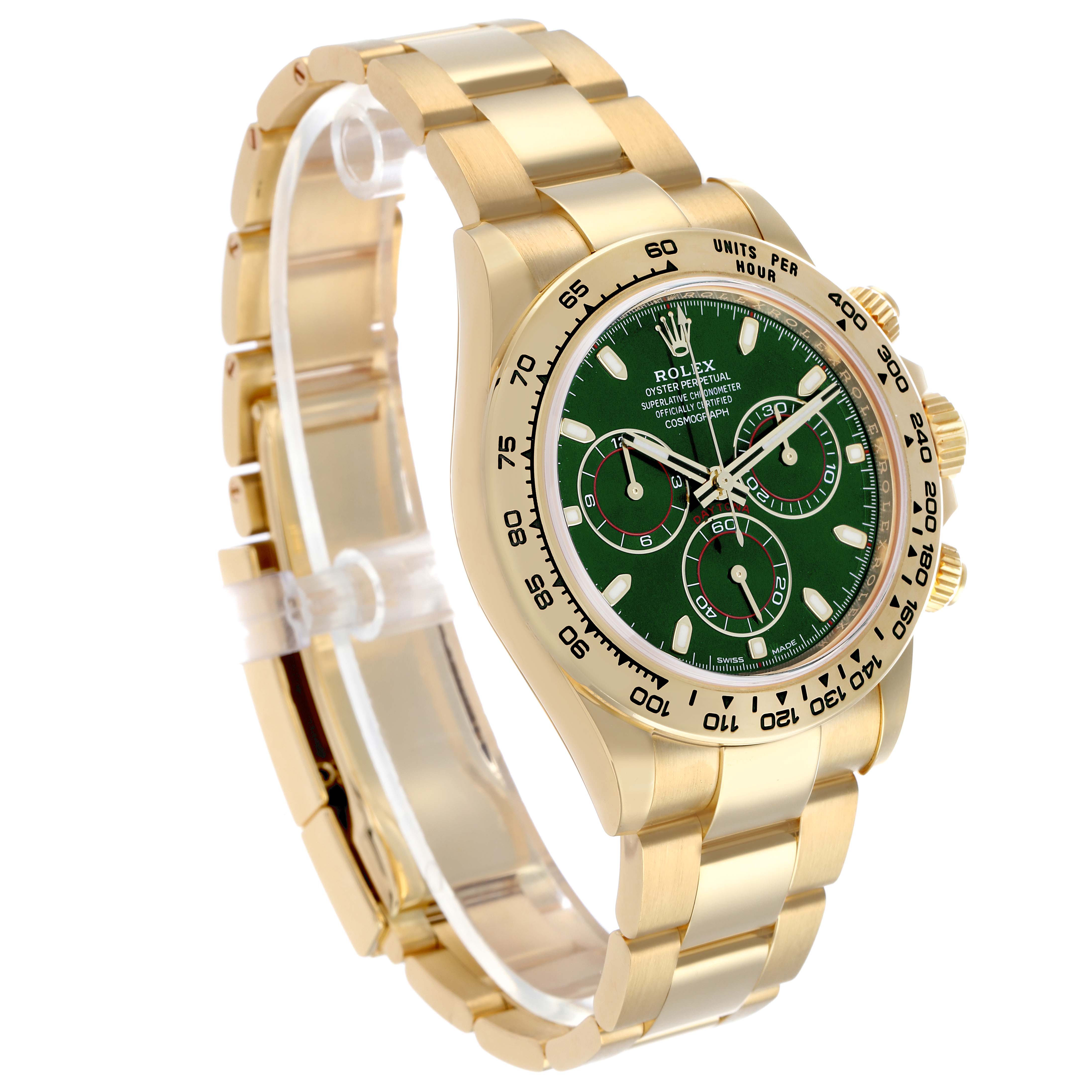 The Rolex Daytona 116508 Men's Yellow Gold Green Dial watch is shown at an angled side view, displaying its green dial, bezel, and gold bracelet.