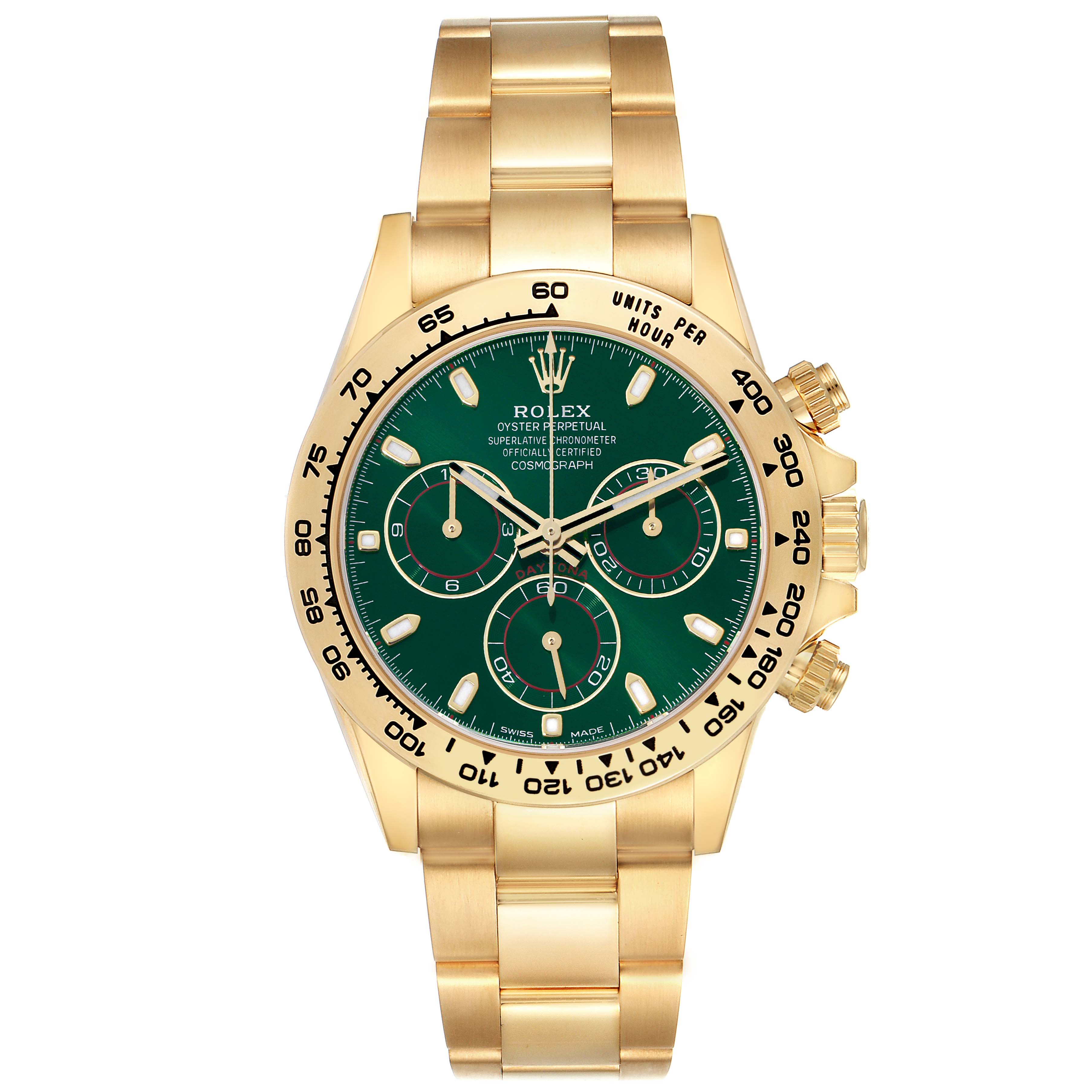 The Rolex Daytona 116508 Men's Yellow Gold Green Dial watch is shown from a front angle, highlighting its green dial, gold bezel, and bracelet.