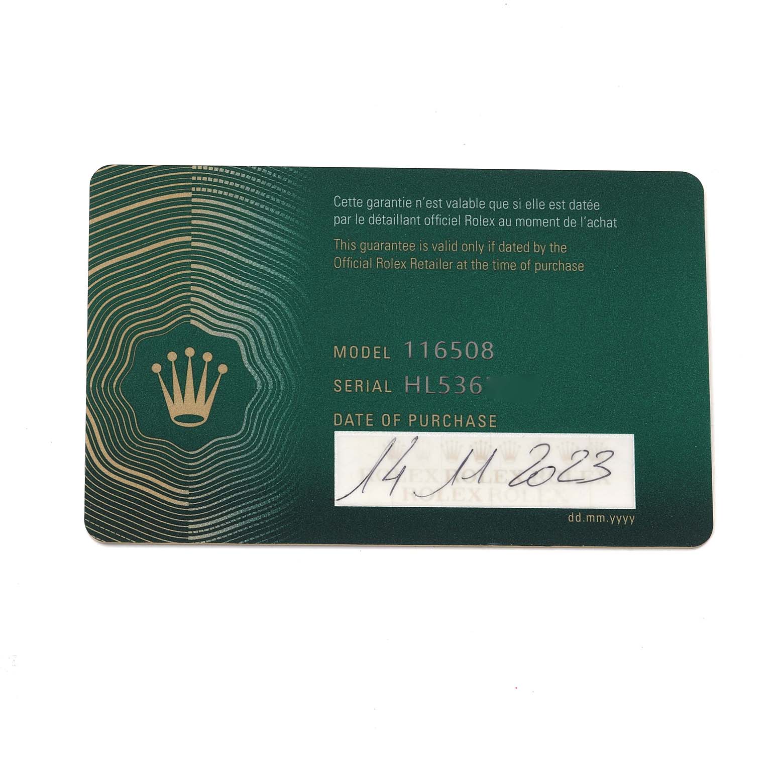 The image shows a Rolex Daytona 116508 Men's Yellow Gold Green Dial warranty card with model 116508 and serial HL536 details.