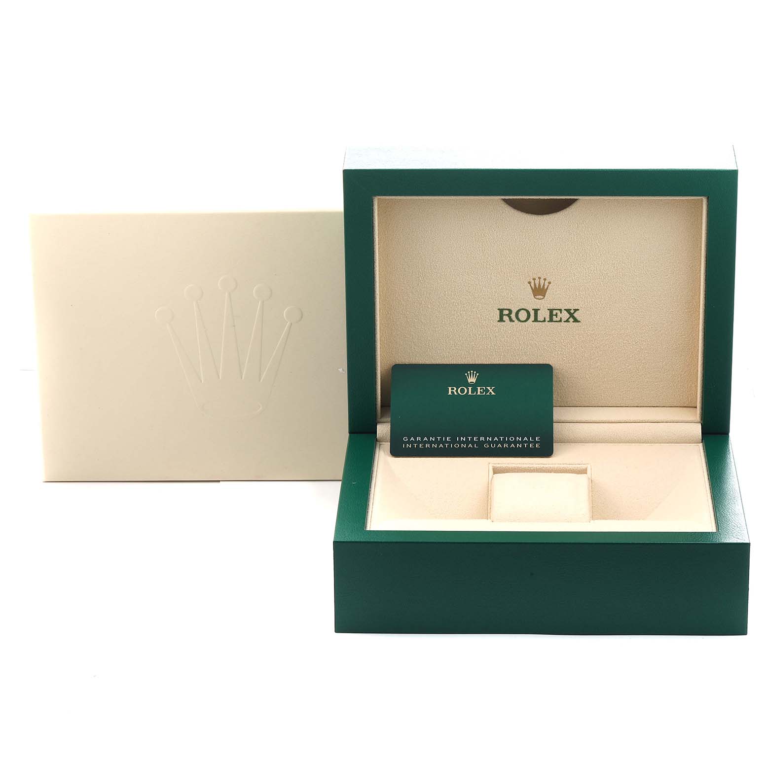 The image shows an open Rolex Daytona 116508 Men's Yellow Gold Green Dial watch box with a guarantee card in front.