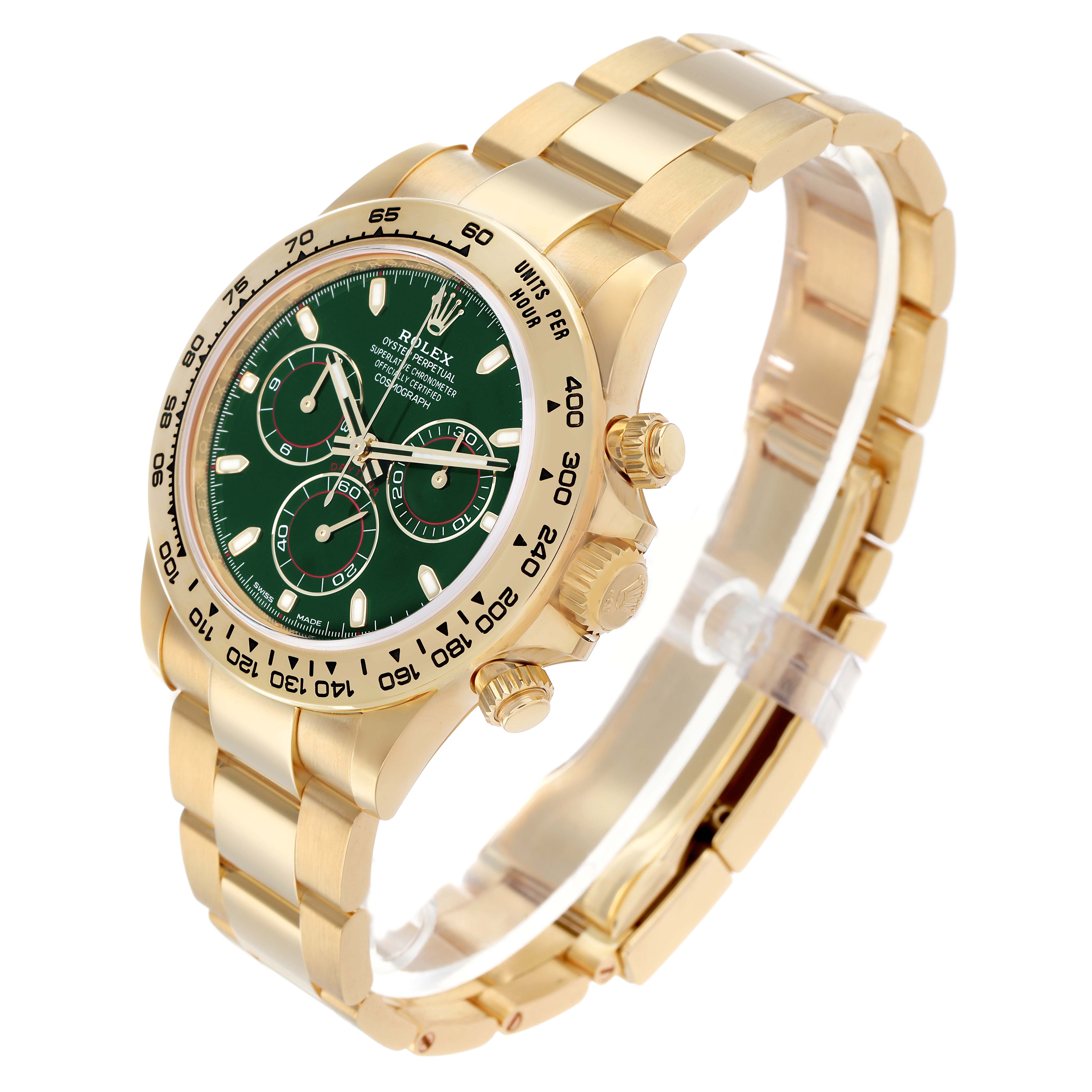 The Rolex Daytona 116508 Men's Yellow Gold Green Dial watch is shown at an oblique angle, highlighting the dial, bezel, case, and bracelet.
