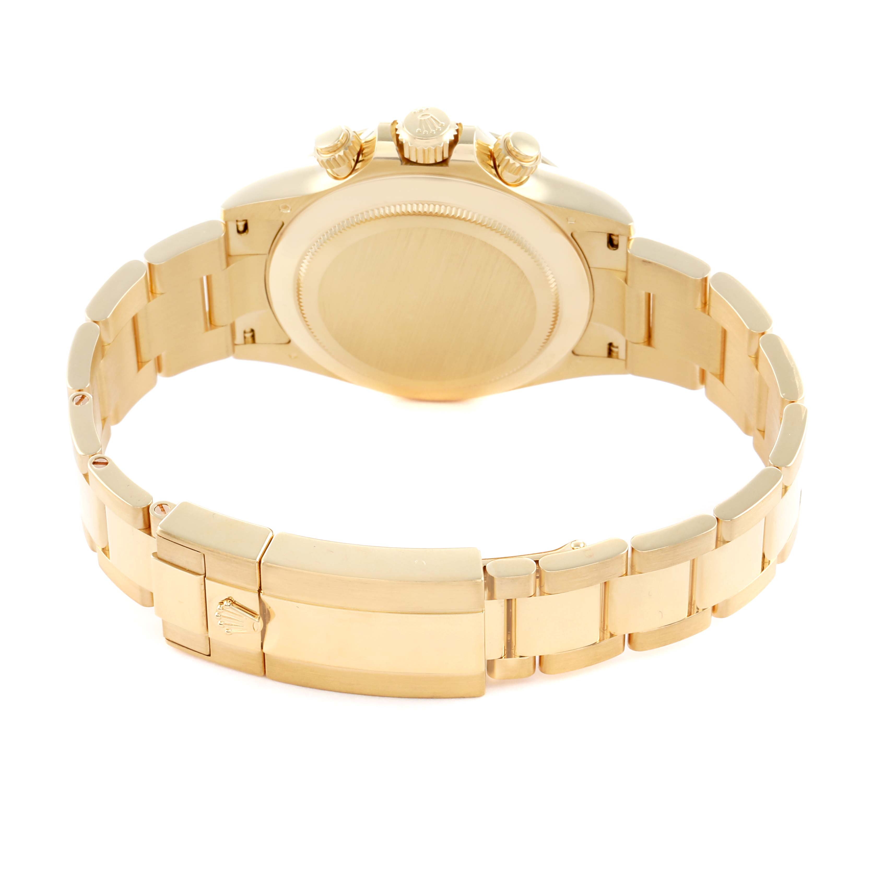 The Rolex Daytona 116508 Men's Yellow Gold Green Dial watch is shown from the back, highlighting the bracelet, clasp, and case back.