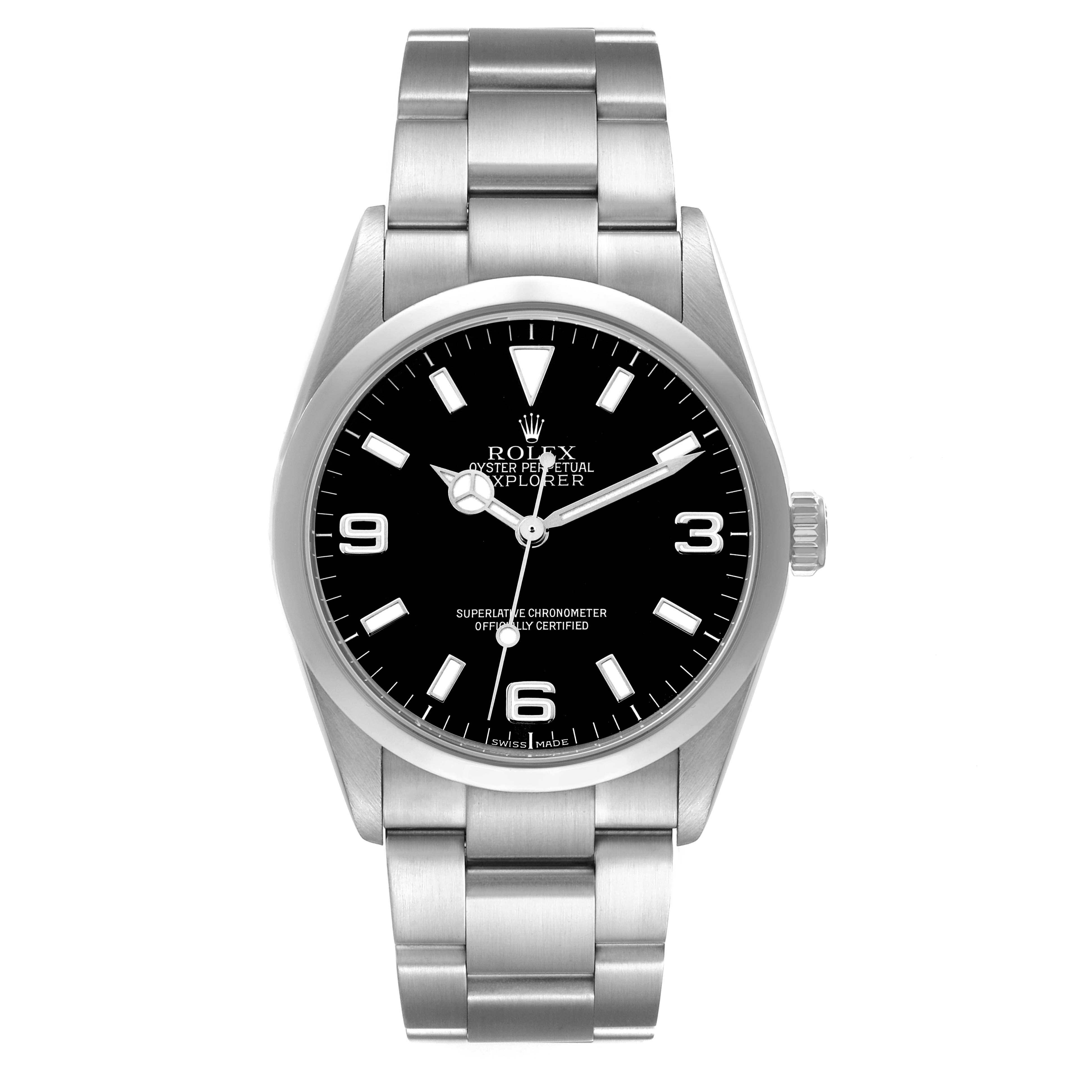 The image shows a front view of a Rolex Explorer 114270 Men's Stainless Steel Black Dial watch, displaying the dial, bezel, and bracelet.