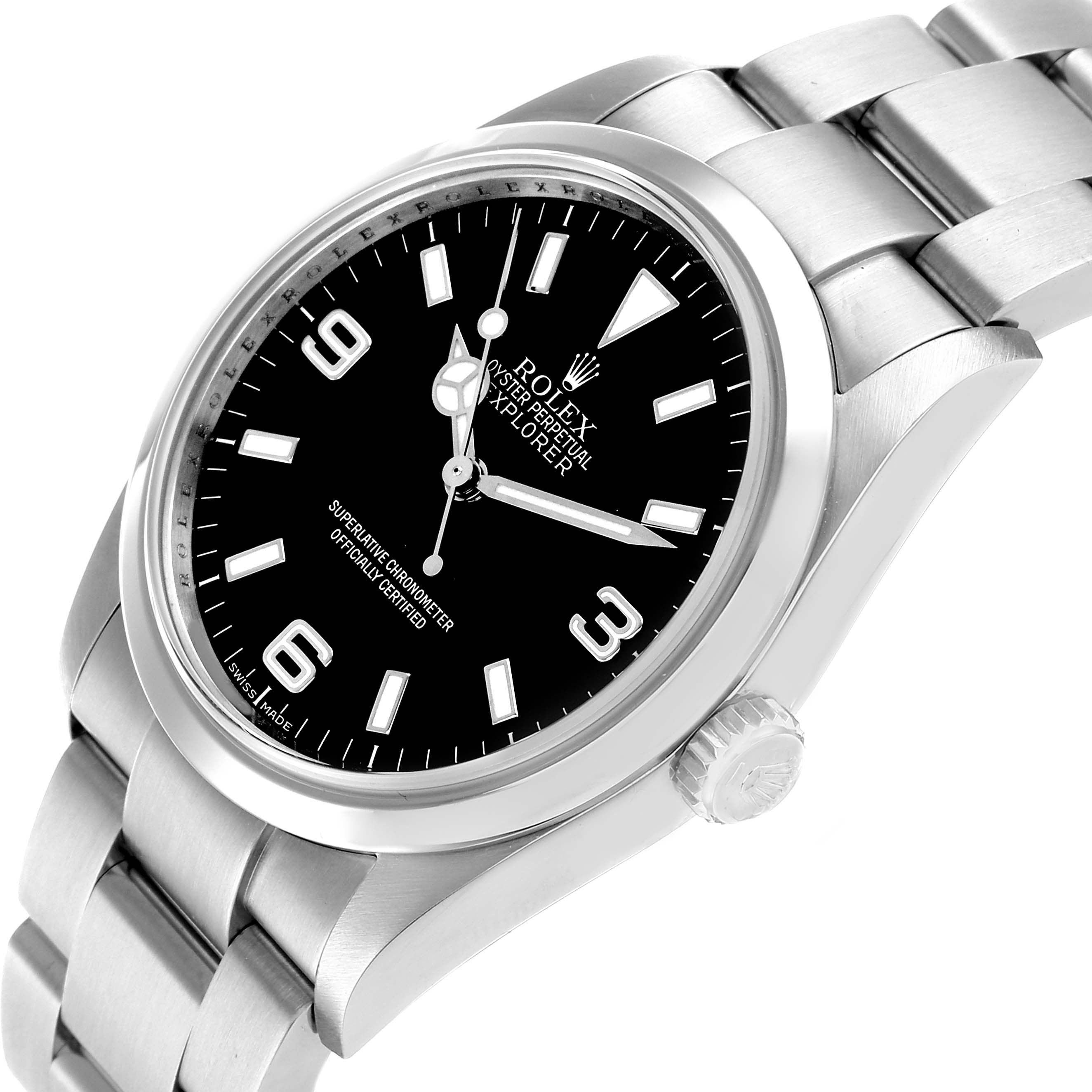 The Rolex Explorer 114270 Men's Stainless Steel Black Dial watch is positioned at a slight angle, showcasing the dial, bracelet, and crown.