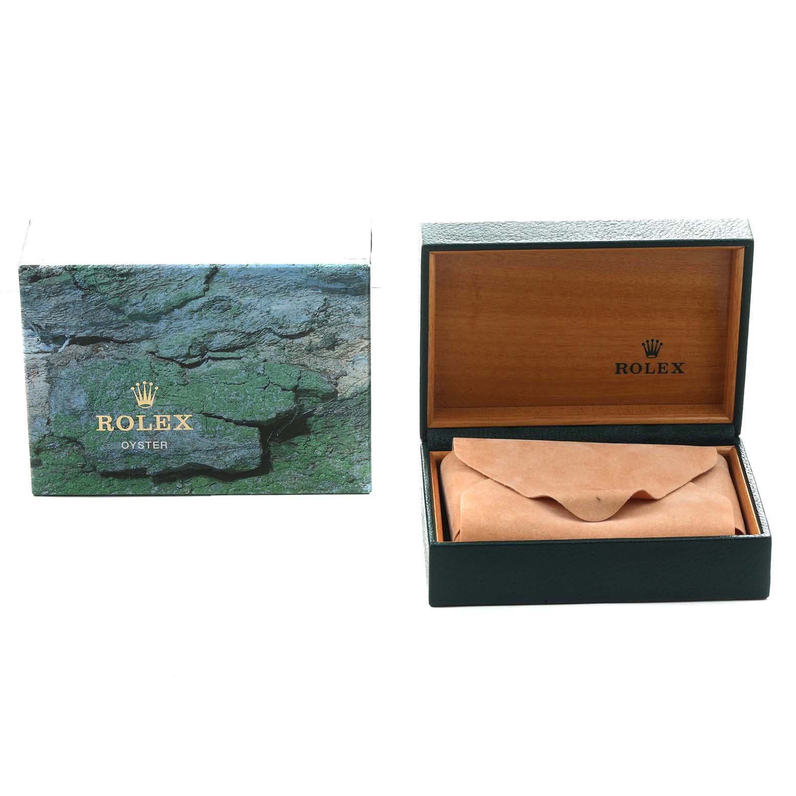 The image shows a Rolex Explorer 114270 Men's Stainless Steel Black Dial box and an open wooden case with a leather pouch inside.