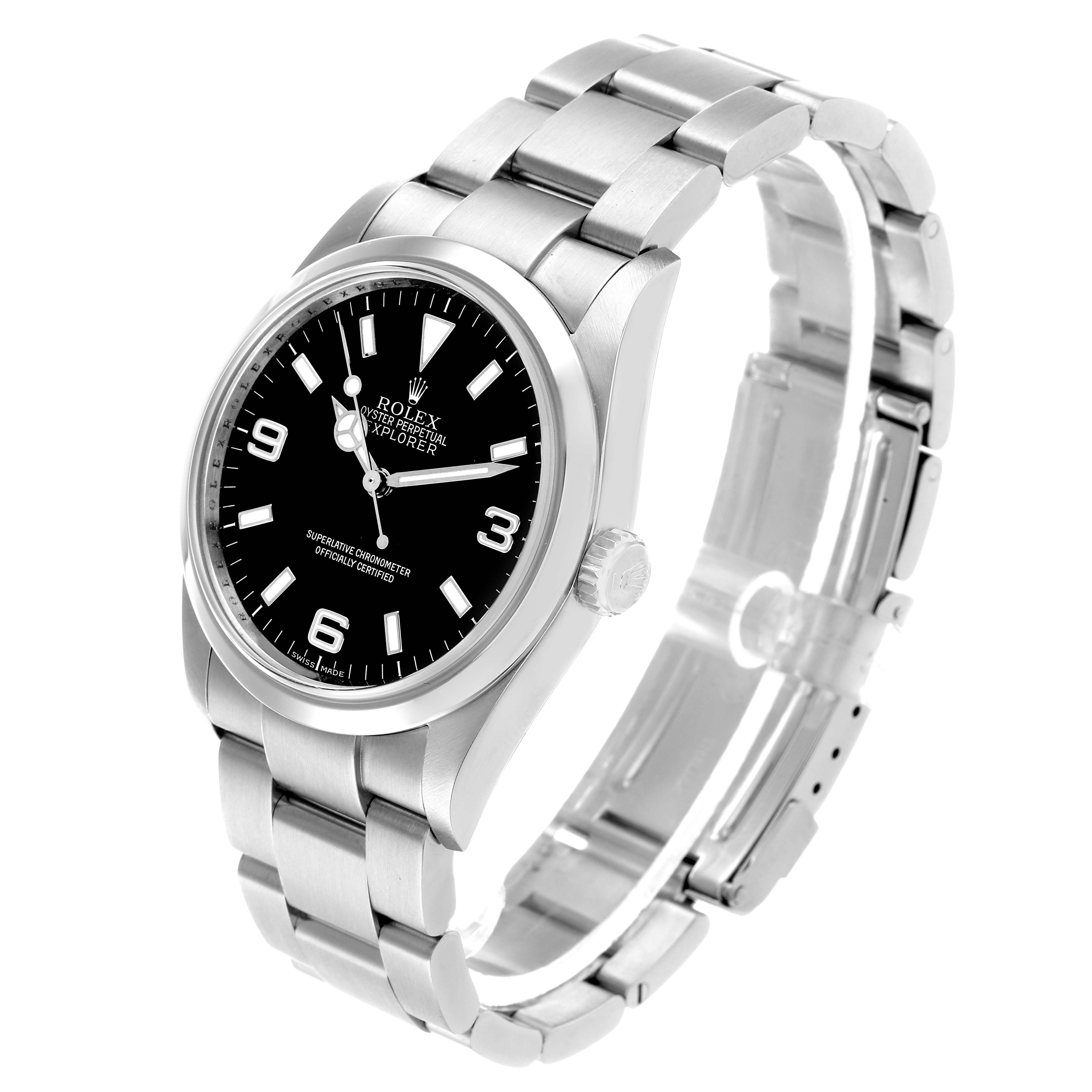The Rolex Explorer 114270 Men's Stainless Steel Black Dial model watch is shown at a 3/4 angle, displaying the bracelet, clasp, case, crown, and dial clearly.