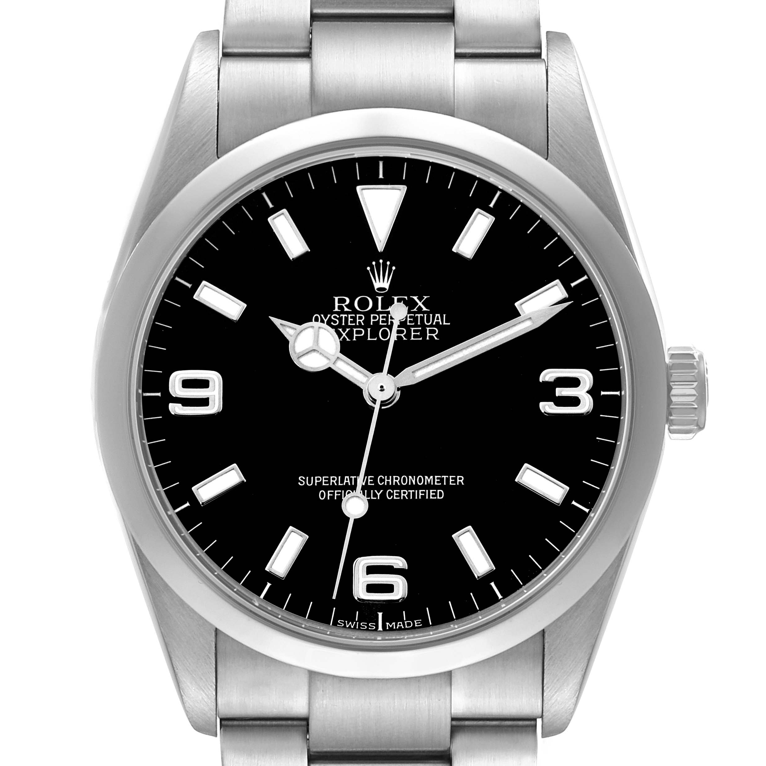 The Rolex Explorer 114270 Men's Stainless Steel Black Dial watch is shown from a front angle, highlighting the dial, hands, numerals, and part of the bracelet.