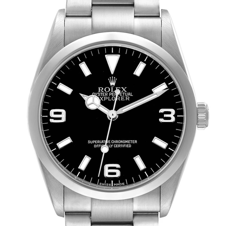 The Rolex Explorer 114270 Men's Stainless Steel Black Dial watch is shown from a front angle, highlighting the dial, hands, numerals, and part of the bracelet.